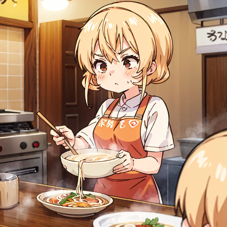 A blonde woman with a towel wrapped around her head boiling ramen at a ramen shop Wearing an apron