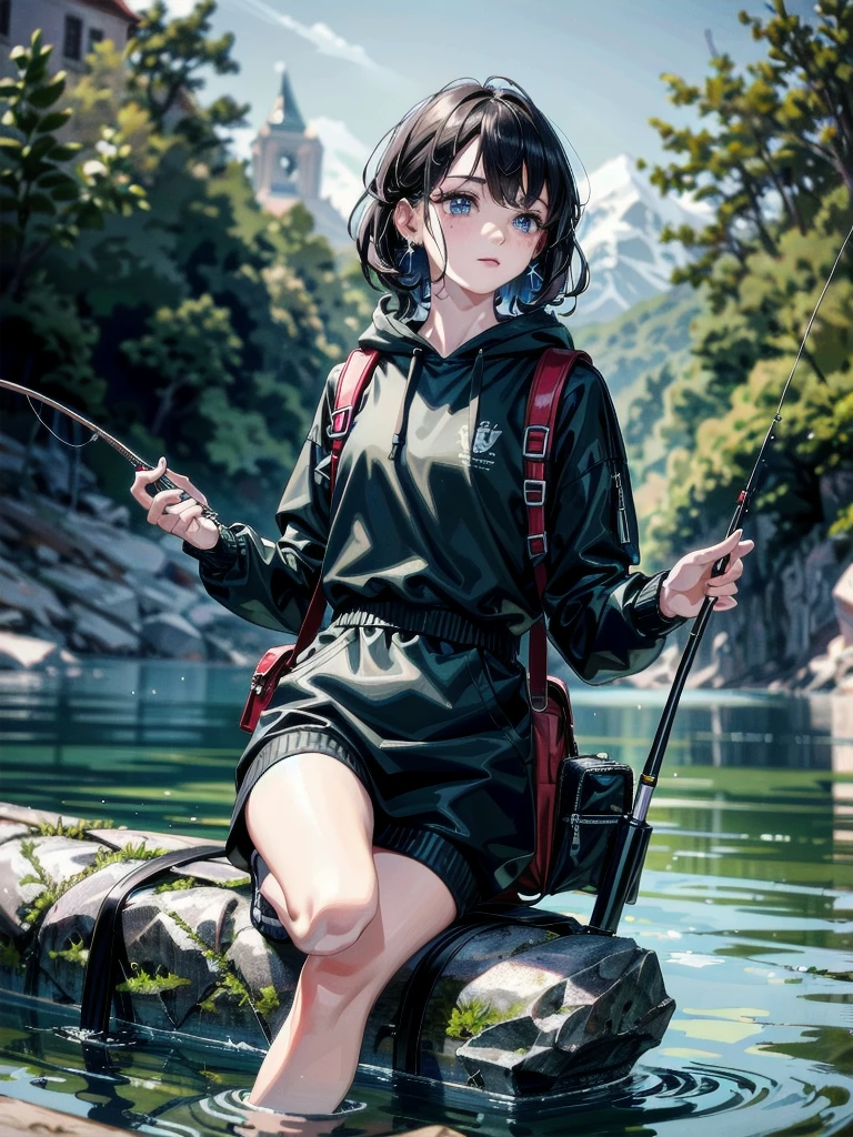 absurdres, RAW photo, extremely delicate and beautiful, masterpiece, Best Quality, ultra high resolution, 32k, hyperrealistic, ultra-detailed, detailed beautiful face and eyes, tearful mole, earring, short medium hair, wavy hair, Fishing lure rod, Outdoor Vest, hoodie, Big backpack,