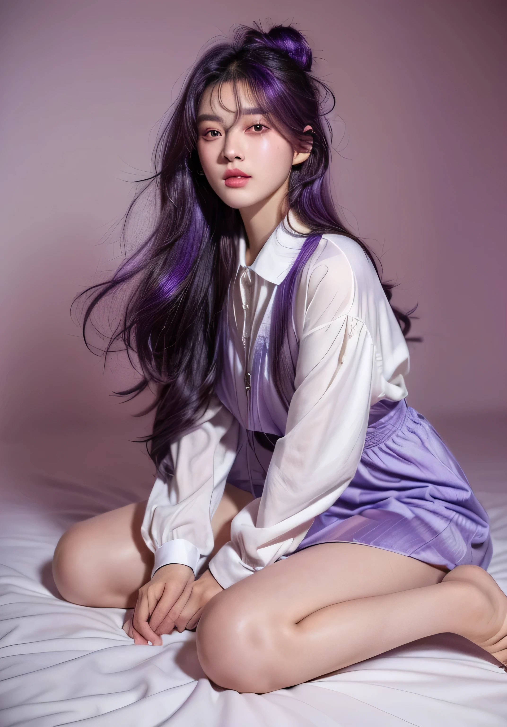 (best quality, high detailed facial feature, realistic, masterpiece) (Teenager, gorgeous girl ) (natural beauty, almond eyes shape, deep black eyes, purple hair color) perfect hairstyle