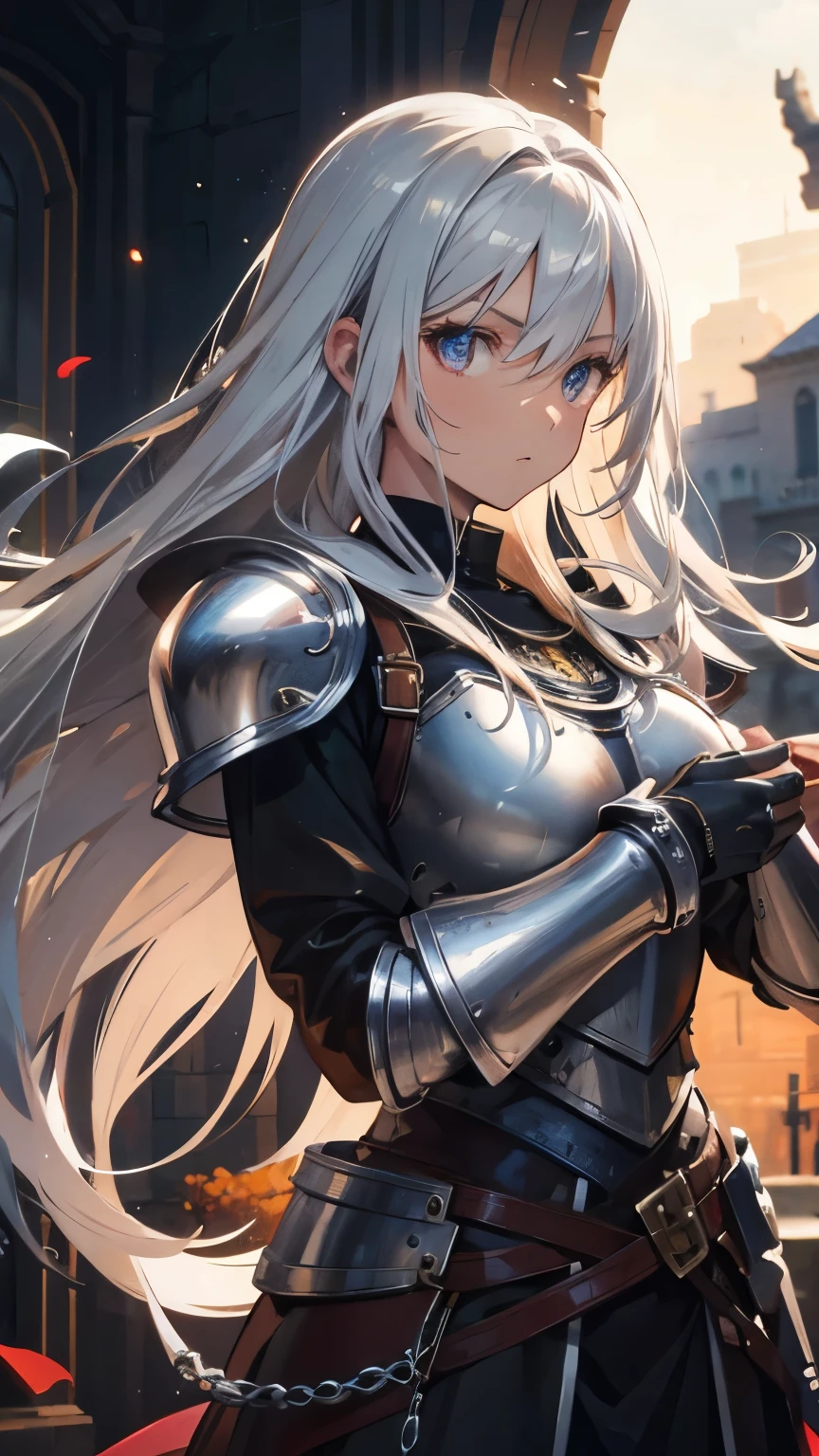 blonde hair, hair behind ear, long hair, floating hair, bloodshot eyes, cinematic lighting, bust chart, retina, (high quality), ccurate, ((best quality)), perfect detail, ((brown skin, tanned skin)),16k, medieval knight, (silver gloves, silver armor:1.3), (great sword), dust flying,