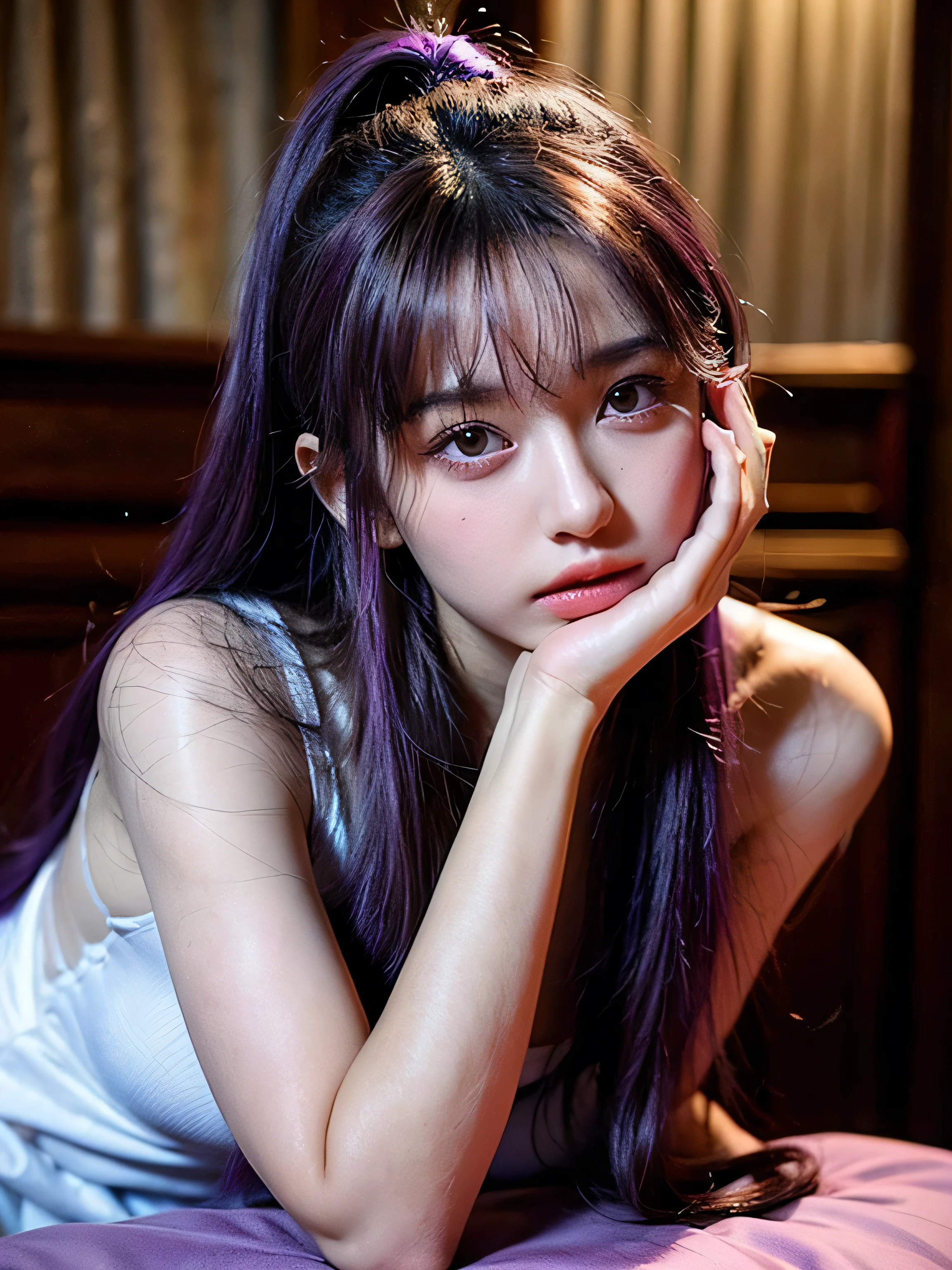 (best quality, high detailed facial feature, realistic, masterpiece) (Teenager, gorgeous girl ) (natural beauty, almond eyes shape, deep black eyes, purple hair color) perfect hairstyle