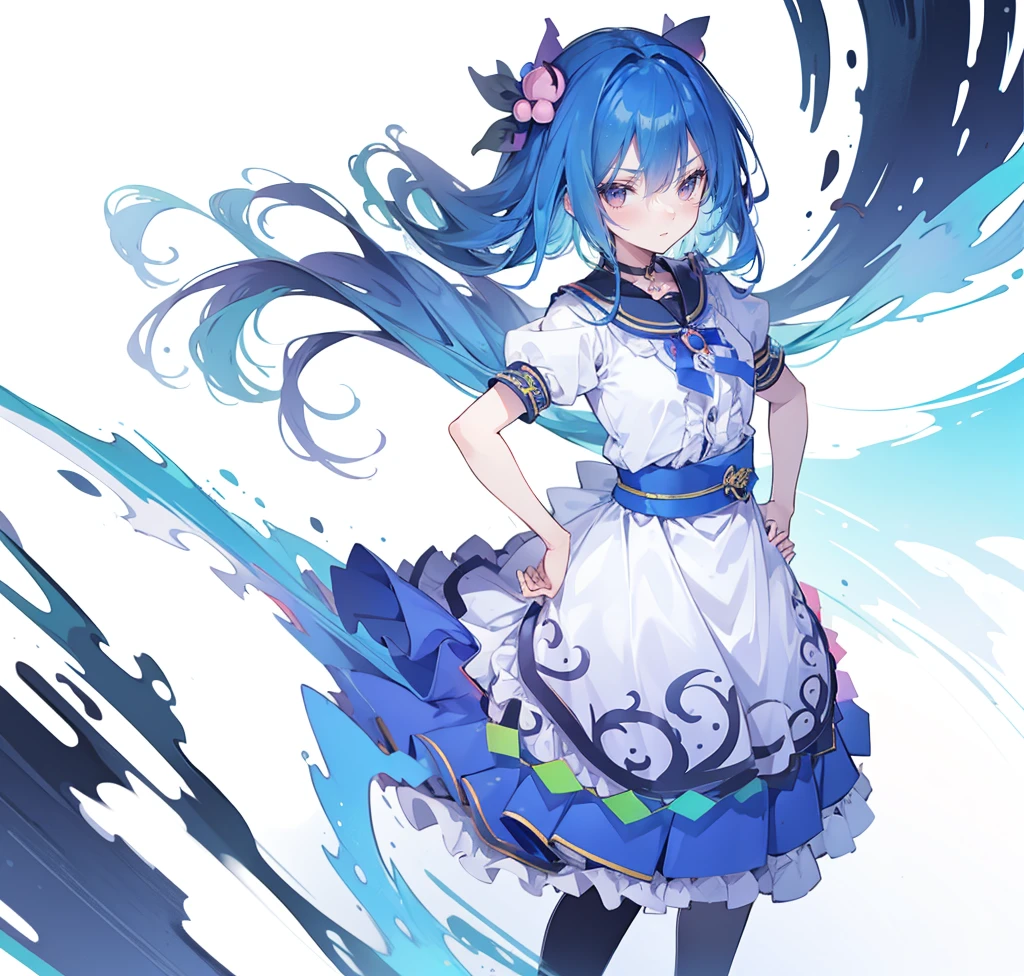 (masterpiece),best quality, expressive eyes, perfect face, 1girl,
 Put your hands on your waist,fair, Gorgeous,Japanese cartoons,girl,lola,Hina Angel, blue hair, blue haired, floating clothes,Grab your waist, Grab your waist, hands on hips , hands on hips,sit, sit on ground, Legs on the ground, flat chest