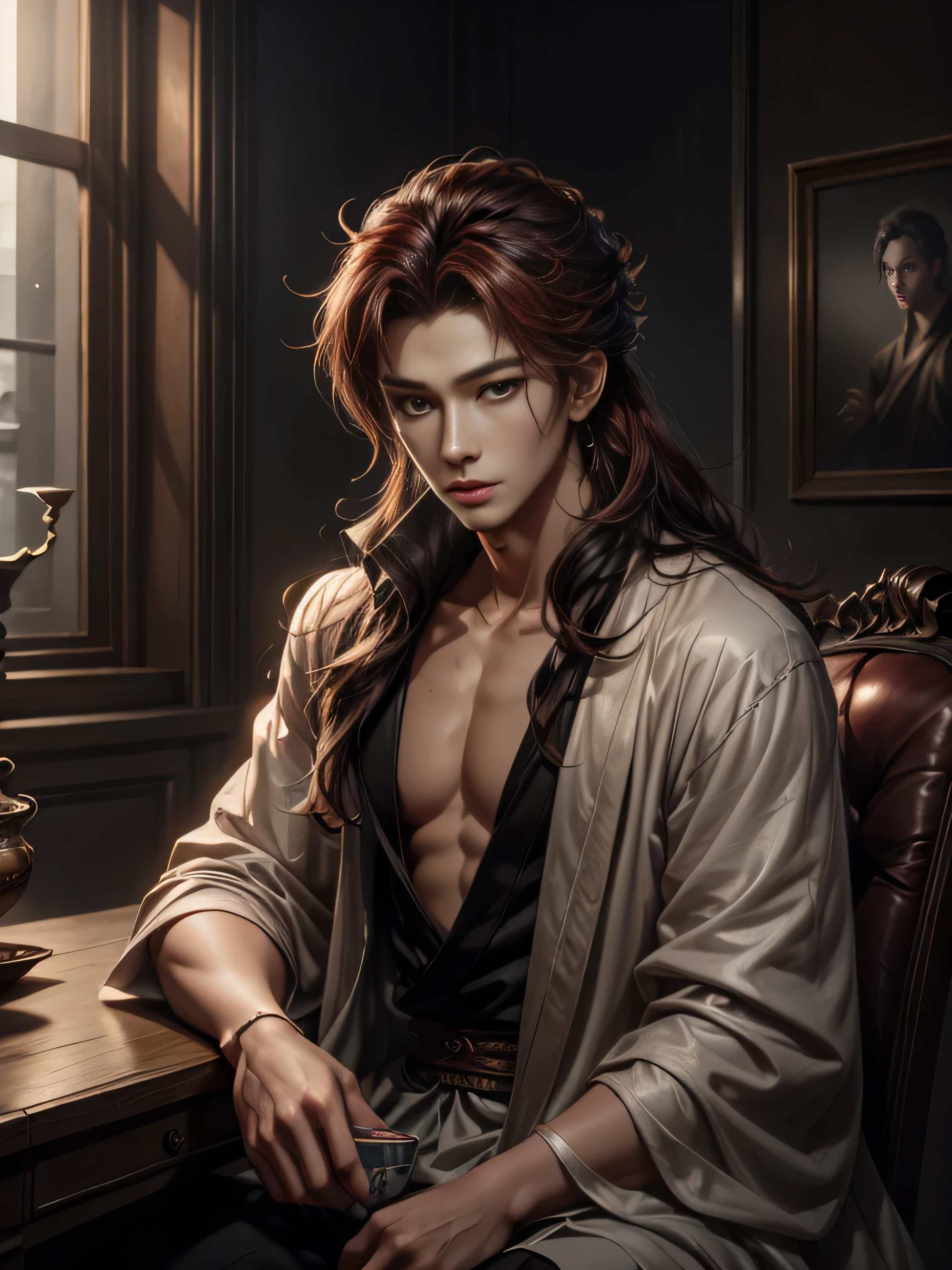 (Best Quality, 8K, Masterpiece, HDR, Soft Lighting, Picture Perfect, Realistic, Vivid), 1 Boy, 1 Red [Little Fox]), (Photo by Lee Dong Wook), Perfect Male Body, Eyes Looking into the Camera, (with long red hair, long bangs, Forehead, Smile, seductive, rich, anime - style image of a man sitting at a table with a cup of tea a character portrait by Yang J, trending on cg society, fantasy art, cai xukun, delicate androgynous prince, heise jinyao, beautiful androgynous prince, beautiful character painting, flowing hair and long robes, handsome guy in demon slayer art, realistic. cheng yi), color difference, Depth of field, dramatic shadow, Ray tracing, Best quality, Highly detailed computer graphics, 8K wallpaper, male model, [Carefully rendered hair [More about beautiful and shiny hair]],(Perfect hand detail [Beautiful fingers without breakage [Beautiful nails]]),(Perfect anatomy (Perfect proportions)) [[Resembles the whole body]],[Perfect color coordination (Accurate simulation of the interaction of light and material)],[Visual art that conveys a sense of storytelling].