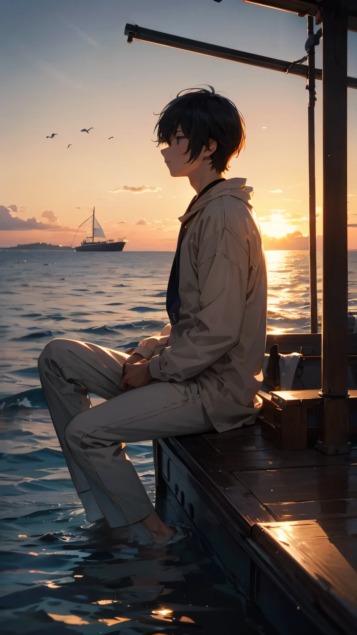 anime scene of a man sitting on a boat in the water, watching the sun set