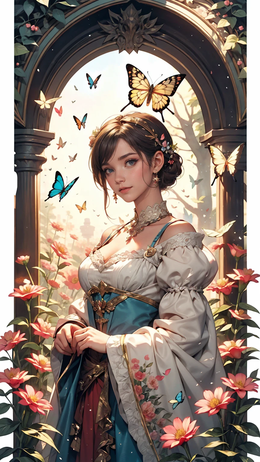 Beautiful mature woman in a fairy costume, Surrounded by flowers and butterflies. content: Watercolor. style: Whimsical and delicate, Like an illustration in a children's book