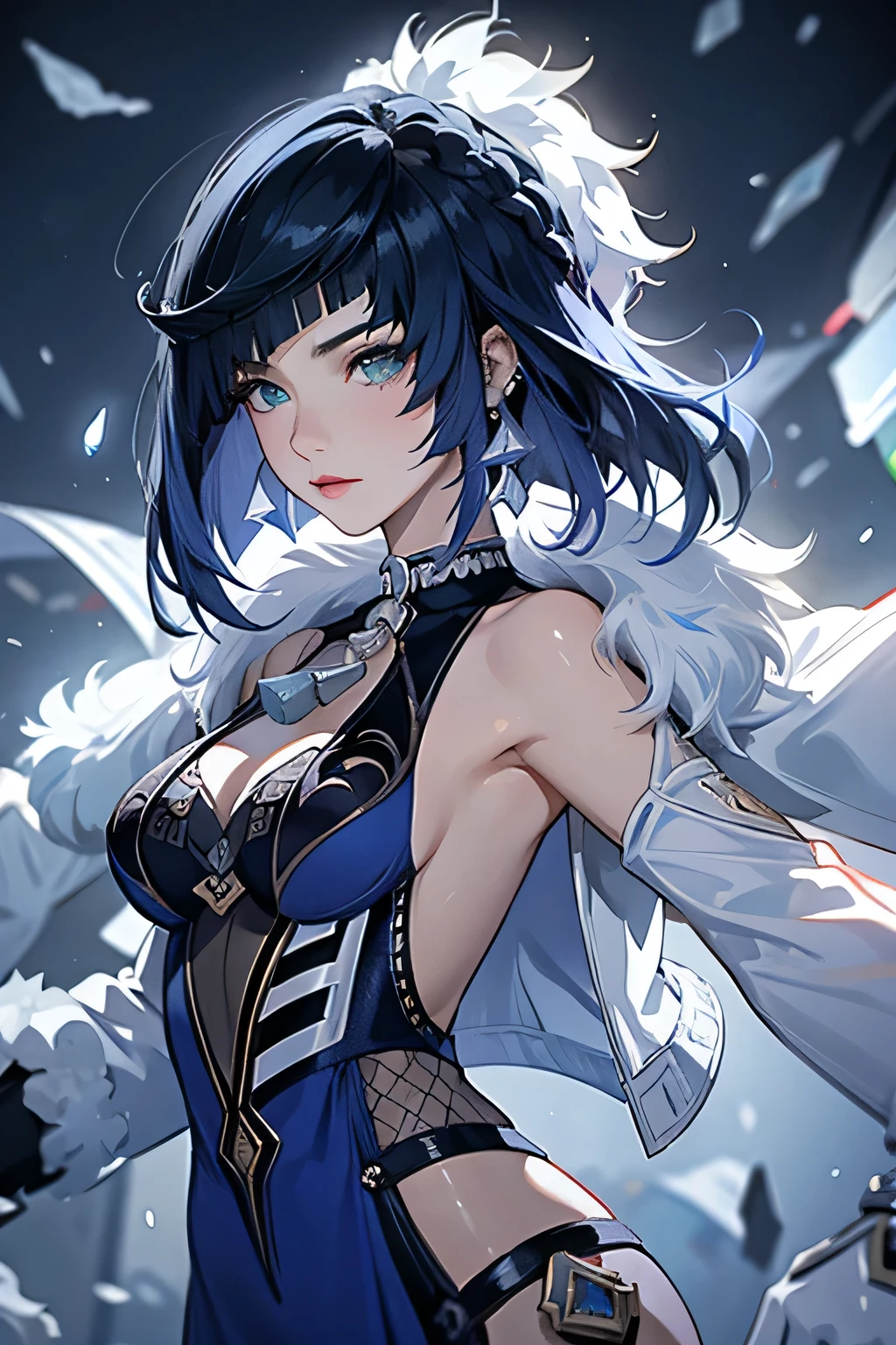 ((yelandef)):1.5,((masterpiece,Highest quality,Highly detailed 3DCG,Beautiful images))1.4(Dynamic images of Yelan、Fragments,crystals、Overall dim lighting、Backlight、A fantastic atmosphere、Dust flutters)1.3,(Close-up image of yelan)1.1、(Exposed lateral breasts、Cool look、Cold Atmosphere):1.2