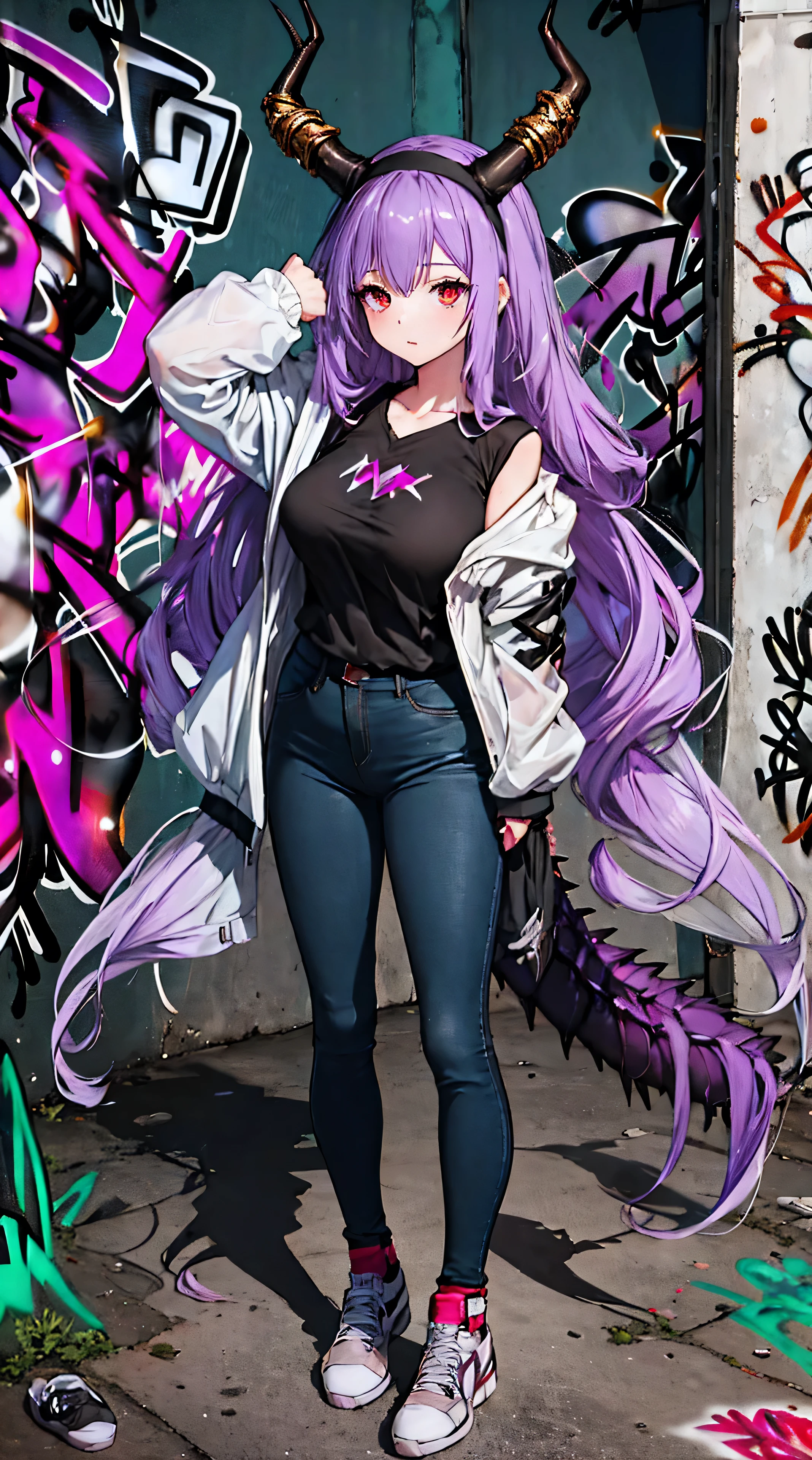 typhon| arknights, Masterpiece, best quality, 1 girl,Age 20, double tail hairstyle, The body is in proportion., dragon horns, dragon tail, very long hair, hairband, purple hair, red eyes, Long jeans, ,only, (graffiti:1.5), splashed with purple lightning pattern., arm goes, rear, against the wall, Looking at the audience from the front., tilt your head,