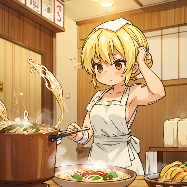 A blonde woman with a towel wrapped around her head boiling ramen at a ramen shop　Wearing an apron