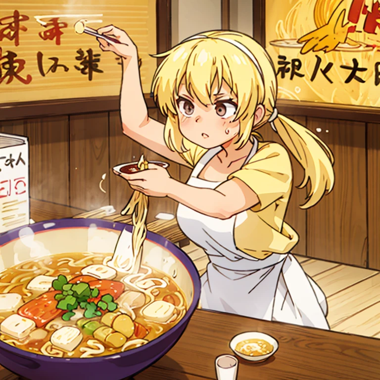 A blonde woman with a towel wrapped around her head boiling ramen at a ramen shop　Wearing an apron