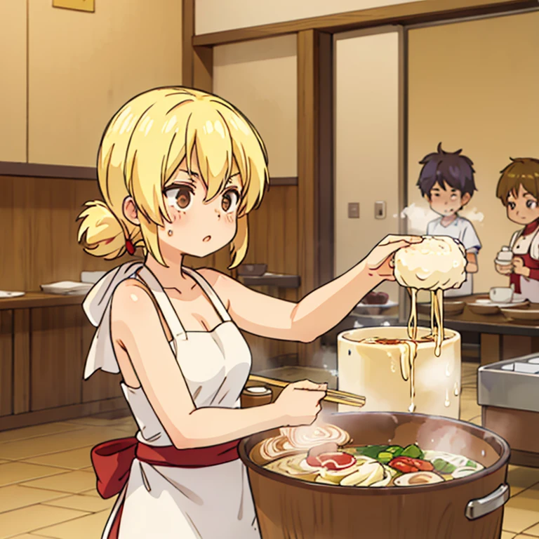 A blonde woman with a towel wrapped around her head boiling ramen at a ramen shop　Wearing an apron