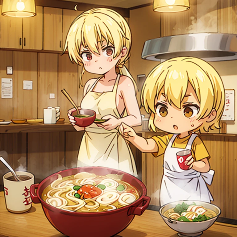 A blonde woman with a towel wrapped around her head boiling ramen at a ramen shop　Wearing an apron