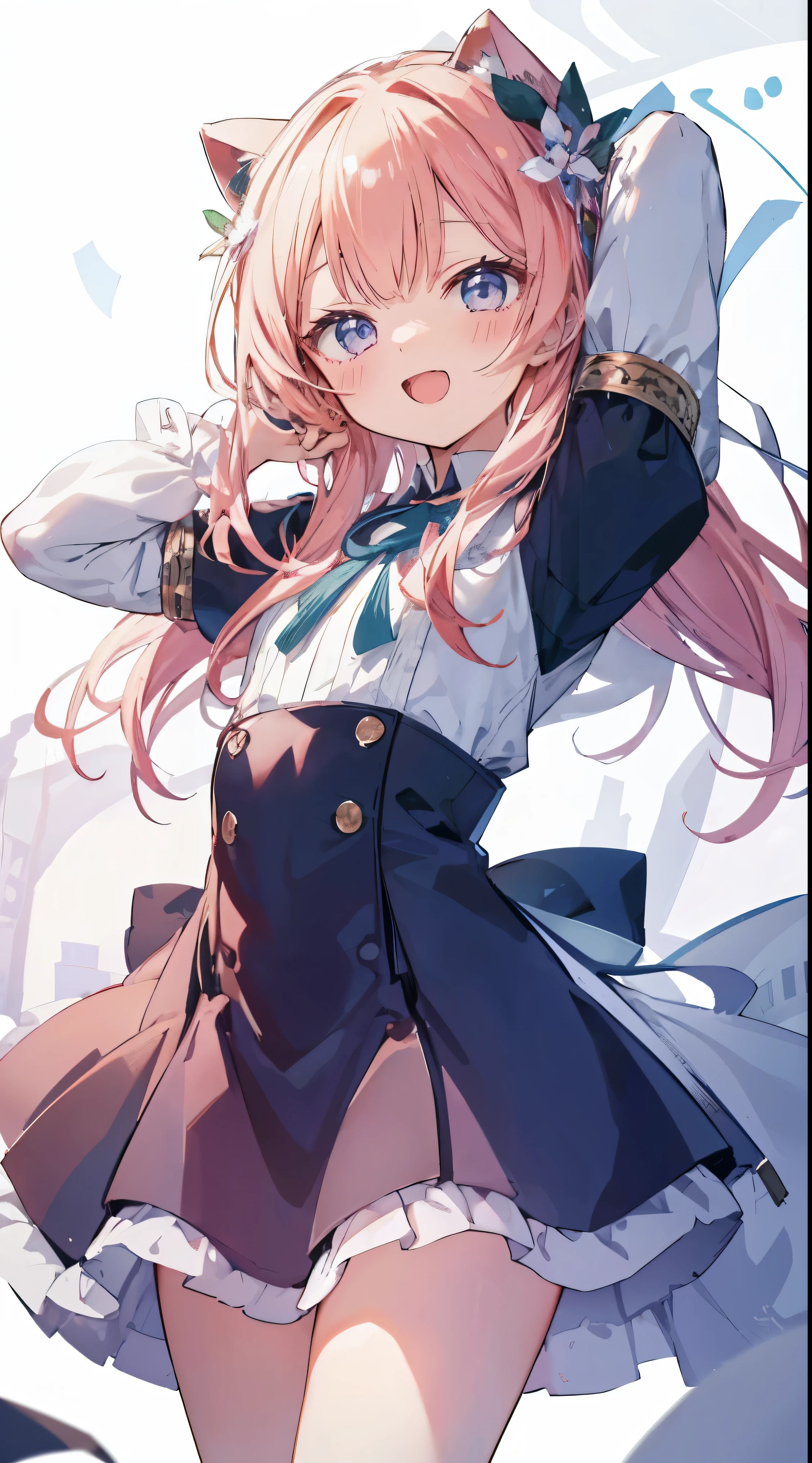 Masterpiece、Highest quality、highest quality、((((Petite))))、(Open Mouth Smile)、Shiny hair quality、Small face、Dynamic pose、Super detailed, beautiful, wide eyes、Ultra-detailed, clear and beautiful faces、(cute illustration:1.2), High-resolution, ultra-detailed, best quality, embarrassed、Thighs