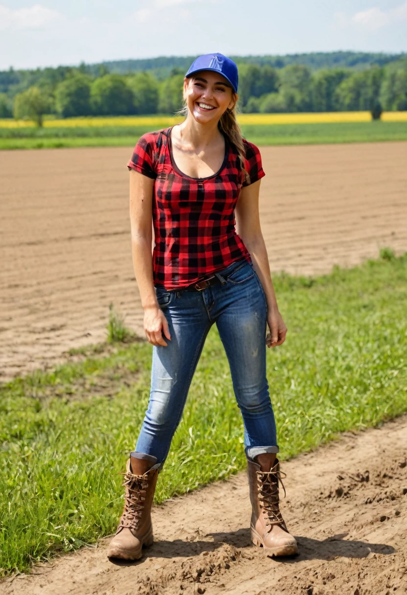 A sweaty country girl, with Slim muscular body, wearing a red checkered shirt with short sleeves and cleavages, muddy skintight jeans, hike boots and baseball cap. She's smiling, in front of a field during a sunny day. Ultra-realistic, vibrant colors.