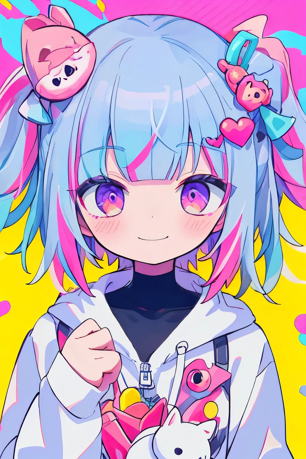 beautiful, High resolution, masterpiece, high quality, Very detailed, shape:1.5) One Woman,alone,heart 髪飾り,heart,heart 目,Multicolored Hair,Upper Body,Blue Hair,White hoodie,Multicolored background,Pink Eyes,Purple eyes,bangs,Pink Hair,Medium Hair,smile,expensive,Large Breasts,(Half-closed eyes)
