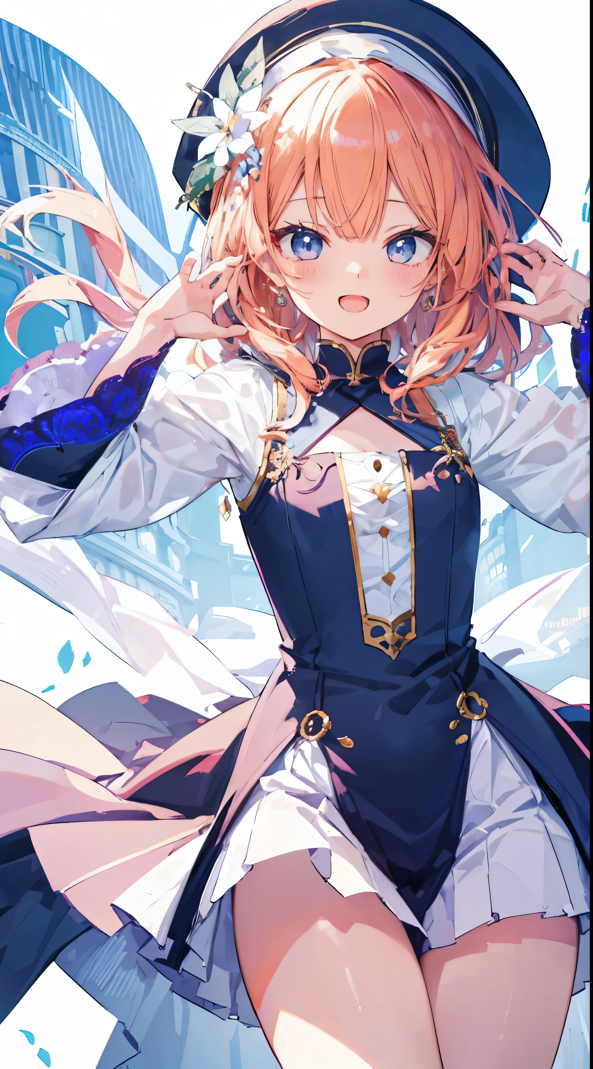 Masterpiece、Highest quality、highest quality、(Open Mouth Smile)、Shiny hair quality、Small face、Dynamic pose、Super detailed, beautiful, wide eyes、Ultra-detailed, clear and beautiful faces、(cute illustration:1.2), High-resolution, ultra-detailed, best quality, embarrassed、Thighs