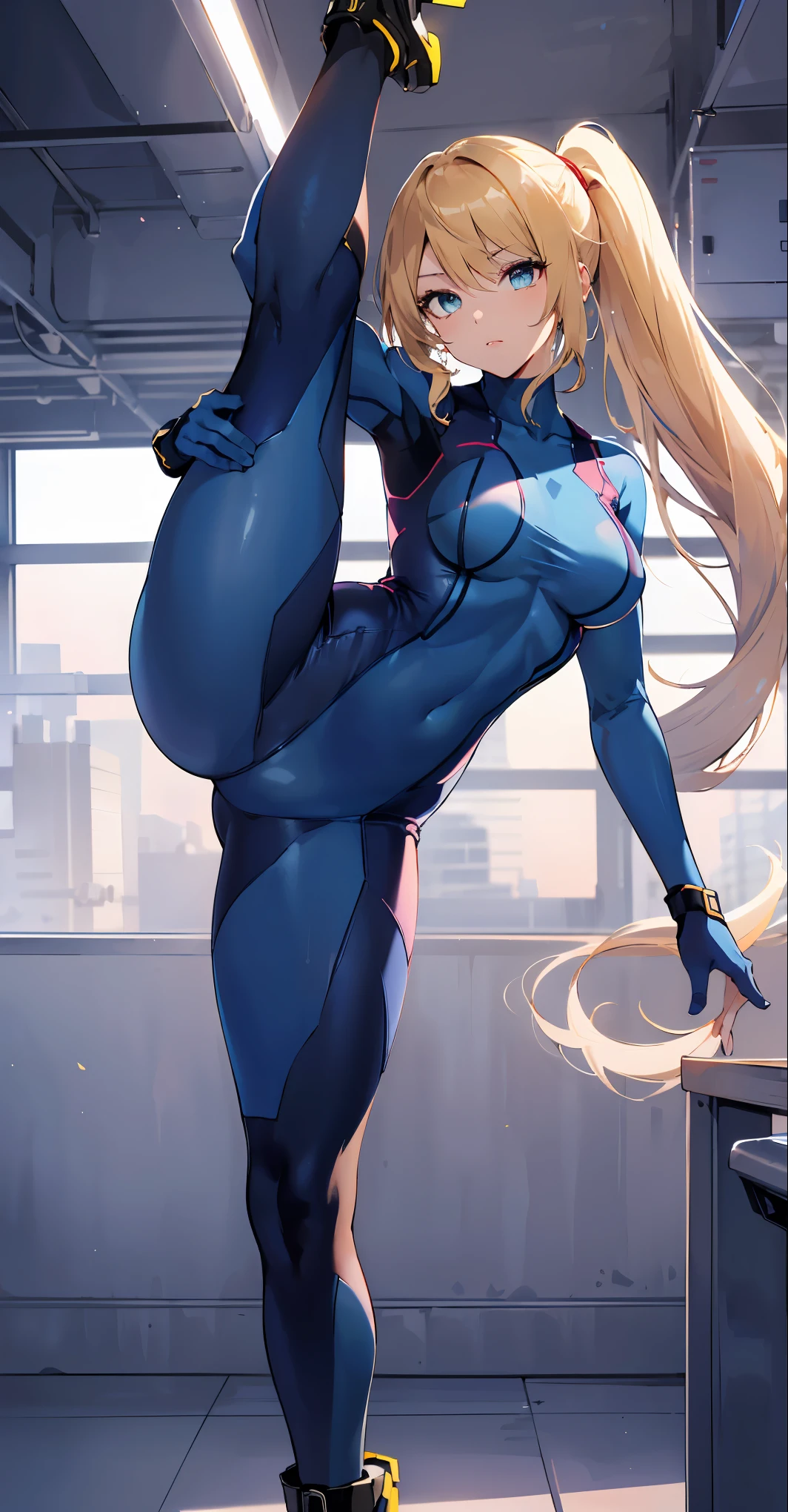 ceiling, dynamic pose,(standing on one leg, leg lift, standing split:1.5),ass focus,samus aran,ponytail, hair tie, blue gloves, blue bodysuit, high heels,masterpiece,Noise Reduction,perfect anatomy,high resolution, ultra-detailed,game cg,dutch angle ,beautiful detailed eyes,visualart,five fingers, perfect hands, perfect lighting,