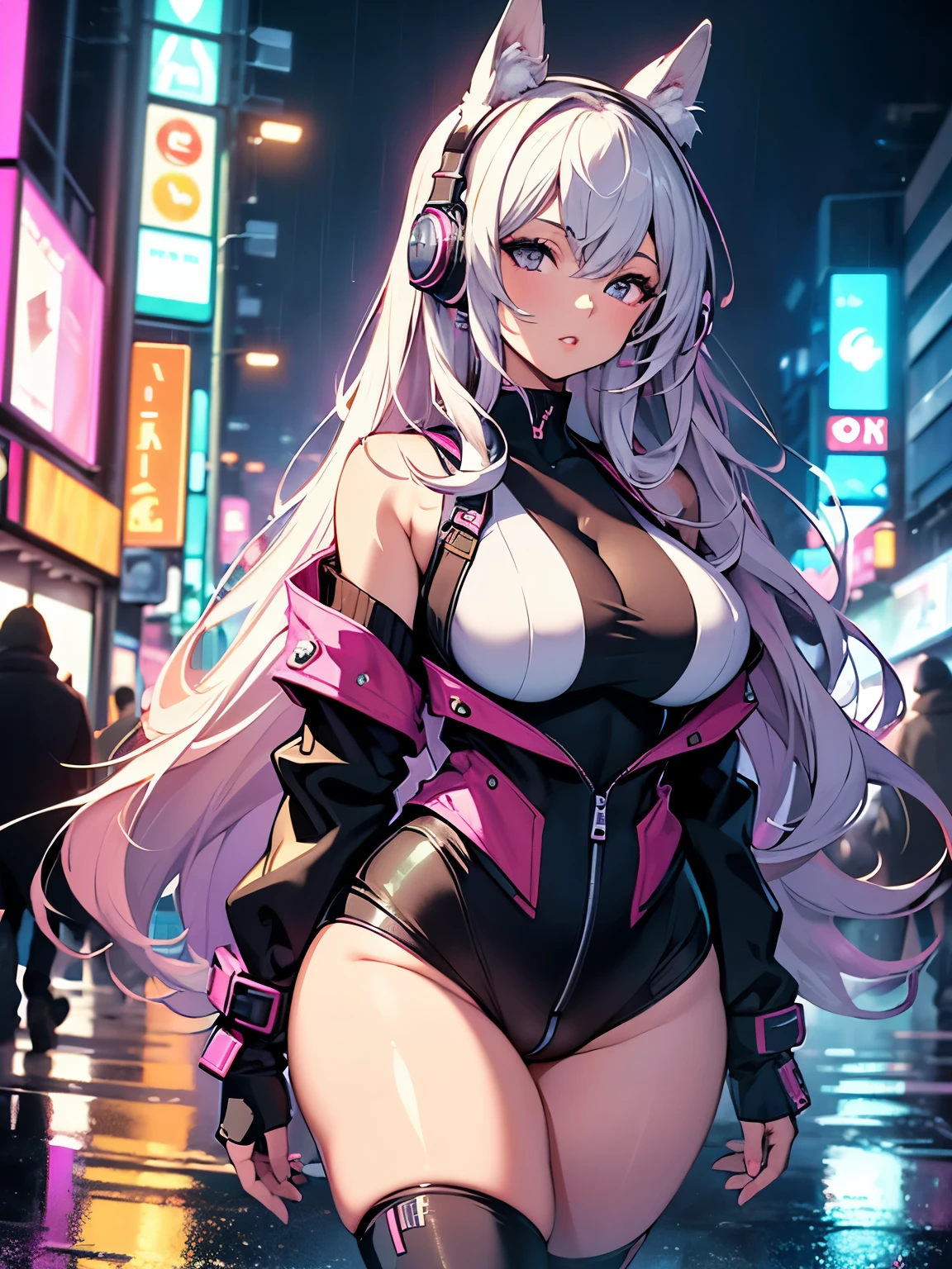 ((8k,masterpiece, best quality, highres)) ultra-detailed, beautiful perfect face,beauty,perfect body,1girl,voluptuous_body,narrow_waist,parted lips,thin and tall, an anime-style long hair girl walking through a neon-lit city on a rainy night, wearing headphones