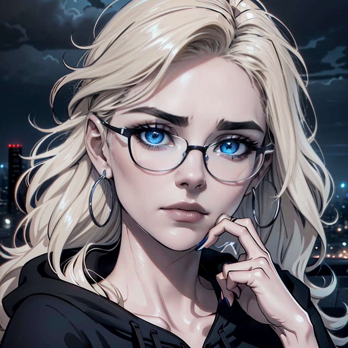 Best quality, volumetric lighting, cinematic lighting, masterpiece, ultra high res, 4k, (soft round detailed face), (sad expression), (detailed blue eyes), bags under eyes, thick eyebrows, tired, depressed, melancholy, grief, despair, (wearing rounded glasses), (very pale light skin), detailed blonde hair, ((long messy greasy hair)), (plain black hoodie), hoop earrings, navi blue nail varnish, black eyeliner unwashed, unkempt, disheveled, twilight, dark clouds, sitting on a high hilltop, distant city skyline in the background