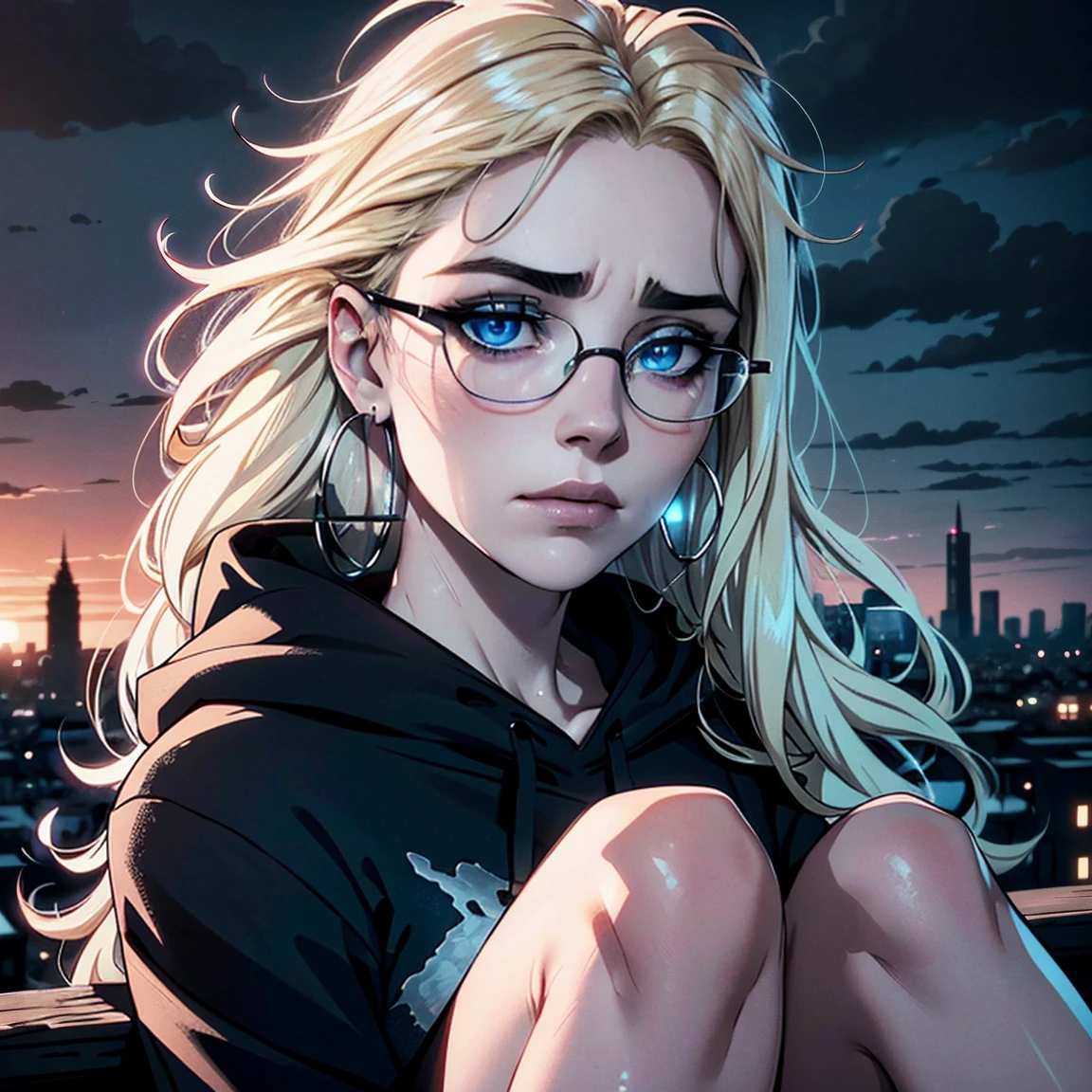 Best quality, volumetric lighting, cinematic lighting, masterpiece, ultra high res, 4k, (soft round detailed face), (sad expression), (detailed blue eyes), bags under eyes, thick eyebrows, tired, depressed, melancholy, grief, despair, (wearing rounded glasses), (very pale light skin), detailed blonde hair, ((long messy greasy hair)), (plain black hoodie), hoop earrings, navi blue nail varnish, black eyeliner unwashed, unkempt, disheveled, twilight, dark clouds, sitting on a high hilltop, distant city skyline in the background