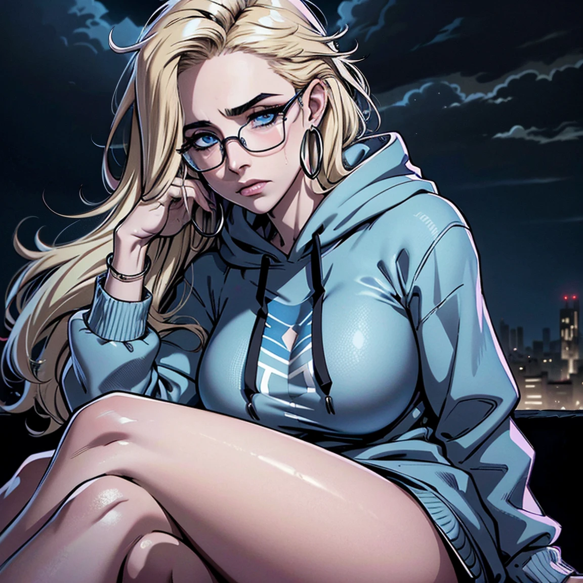 Best quality, volumetric lighting, cinematic lighting, masterpiece, ultra high res, 4k, (soft round detailed face), (sad expression), (detailed blue eyes), bags under eyes, thick eyebrows, tired, depressed, melancholy, grief, despair, (wearing rounded glasses), (very pale light skin), detailed blonde hair, ((long messy greasy hair)), (plain black hoodie), hoop earrings, navi blue nail varnish, black eyeliner unwashed, unkempt, disheveled, twilight, dark clouds, sitting on a high hilltop, distant city skyline in the background