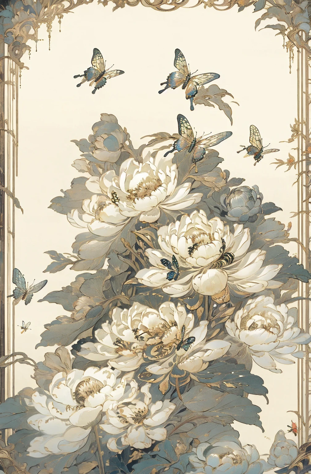 (masterpiece, best quality),ukiyoe, frame, depth of field, highest quality, ultra detail, Alphonse Mucha, art nouveau, chinese style guofeng, Trigger word black theme,gold edge, If there are too few butterflies，You can add butterfly