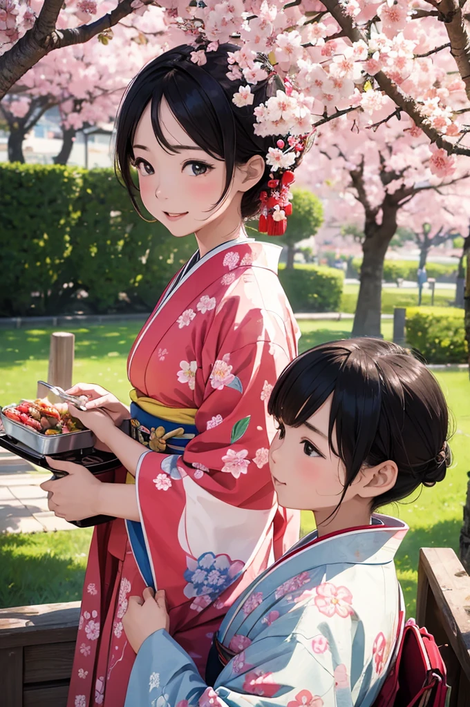 (masterpiece, best quality:1.1), popart style,flat color, (1family:father and mother and kids),wear kimono,enjoy picnic,lunch box,sakura tree,taisho era,dynamic angle,very happy,beautiful lighting, photographic portrait, sharp,Illustration by okama,