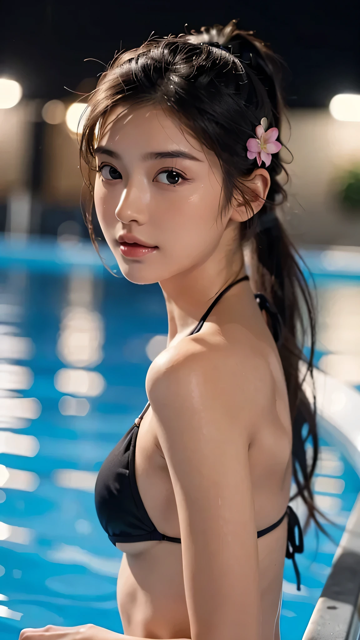 Pool at night,bikini swimwear,One woman,fully body photo,masutepiece, The highest image quality, High quality, the background is clear,Beautiful woman, Japanese, Detailed, Detailed eyes, Detailed skin, Beautiful skin, 超hight resolution, (reality: 1.4),Very beautiful woman, Slightly younger face, Beautiful skin, slender, (Ultra photo realsisim), (hight resolution), (8K), (Very detailed) (beautifully detailed eyes), (super detailed), (Detailed face), view the viewer, Fine details, Detailed face, Staring straight ahead, Staring straight ahead, photos realistic, Bright lighting, Professional Lighting, Black hair,poneyTail,a baby face,sixteen years old,Hairstyle: ponytail,Long ponytail hairstyle,slight smile,