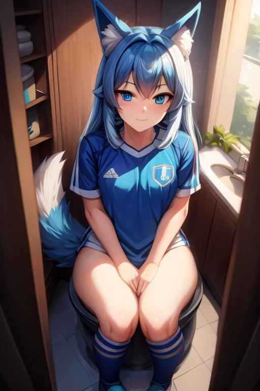 (Masterpiece) (High Detail) (High Res) A short skinny humanoid girl with pale human skin and blue eyes and long blue hair and blue dog ears and a big fluffy dog tail and small average breasts with small nipples. British face. She is smiling and is dressed in a baggy oversized soccer jersey and nothing else. Sitting on a bed.