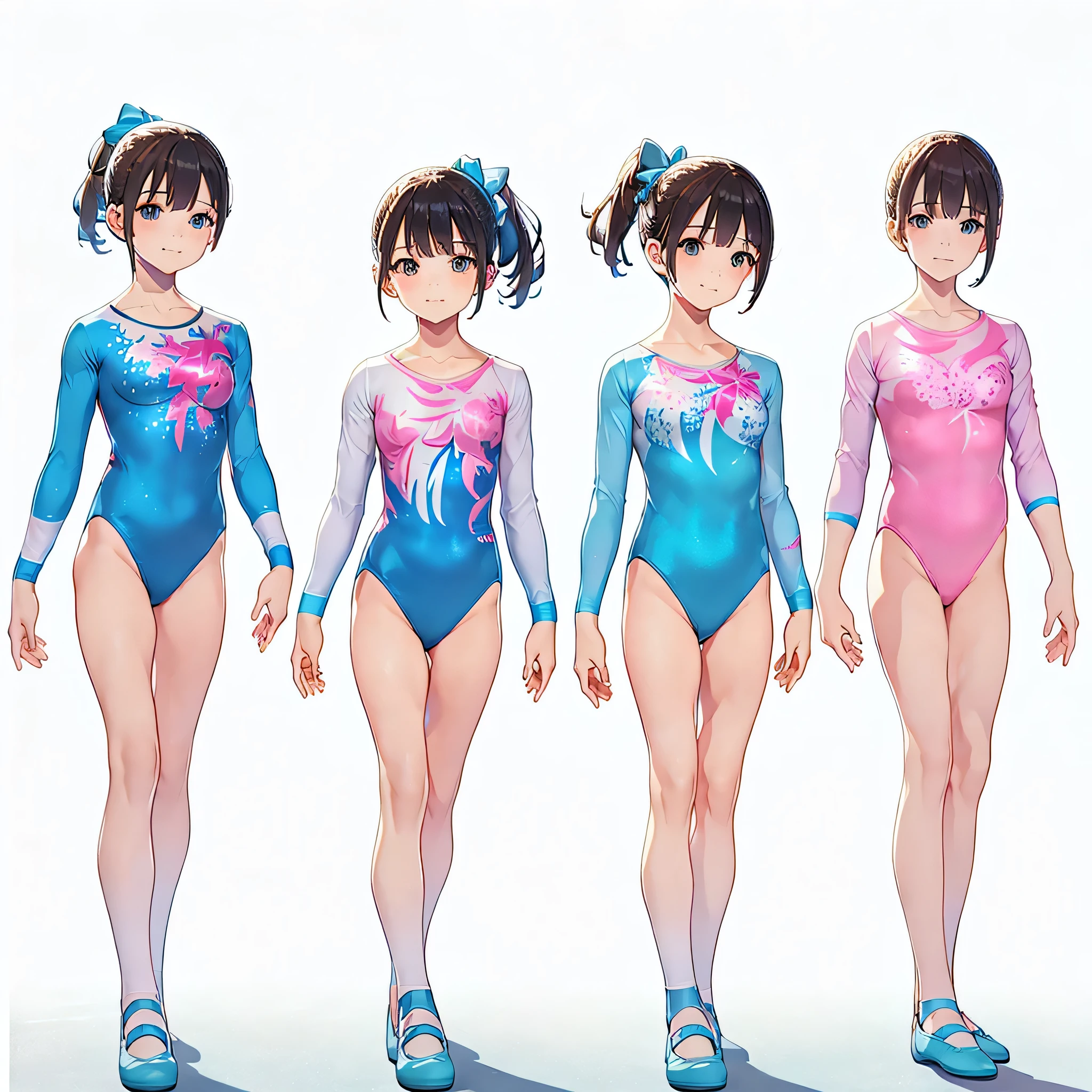 (masterpiece, best quality:1.2),Gymnastics club,(3 girls:1.3),((lightblue leotard:1.3)),(athletic leotard:1.3),((pink leotard:1.2)),((floral print:1.2)),full body, (pony tail:1.1), blue ribbon, (short hair:1.2),(body suit:1.2),(over 20 years old, under 25 years old:1.2), ballet shoes, smile, BREAK white background