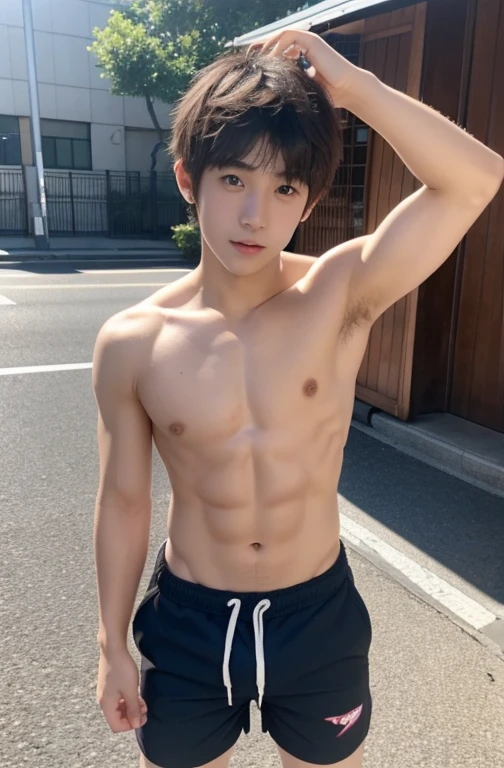 One beautiful boy、A cute boy、18-year-old、Japan boys、Upper body naked、In town、erection、Big eyes、Shorts,erection,marathon,nude