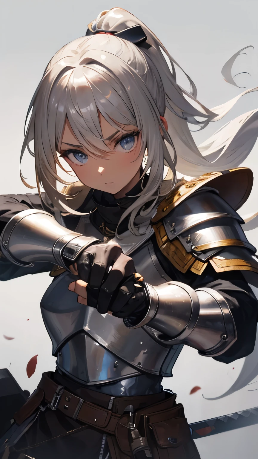 ((blonde hair)), hair behind ear, long hair, (short ponytail), bloodshot eyes, cinematic lighting, bust chart, retina, (high quality), ccurate, ((best quality)), perfect detail, ((brown skin, tanned skin)),16k, medieval knight, (silver gloves, silver armor:1.3), (great sword), dust flying,