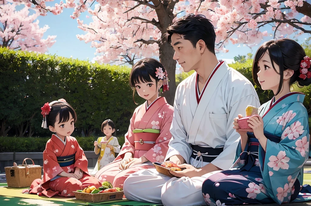 (masterpiece, best quality:1.1), popart style,flat color, (1family:father and mother and kids),wear kimono,enjoy picnic,lunch box,sakura tree,outdoor,taisho era,dynamic angle,very happy,beautiful lighting, photographic portrait, sharp,Illustration by okama,