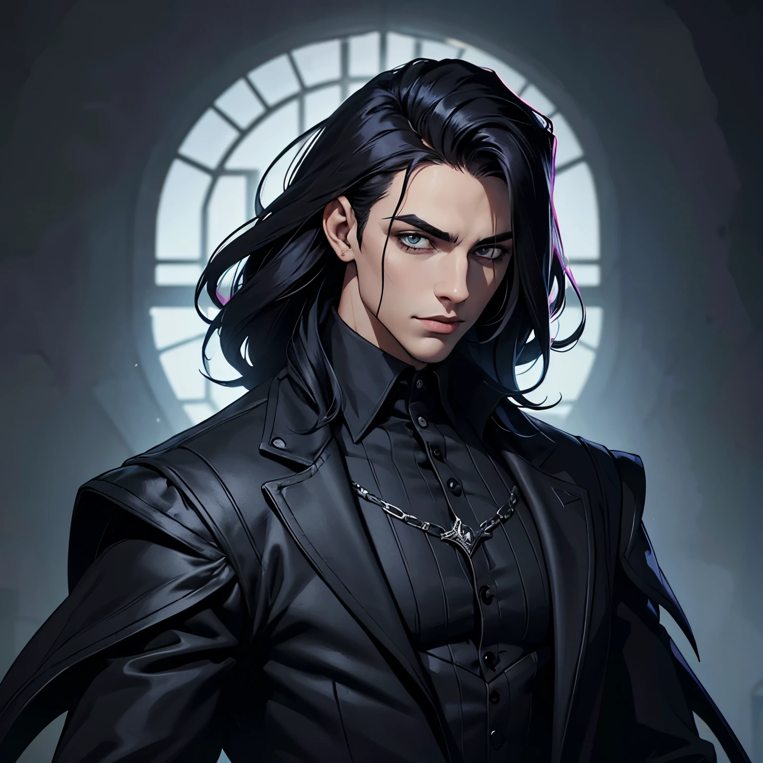 a young man who has a fresh appearance, cabelos curtos cacheado preto cabelo cacheado CABELO CACHEADO, gothic visual, usando terno e sobretudo, digital art, Illustration