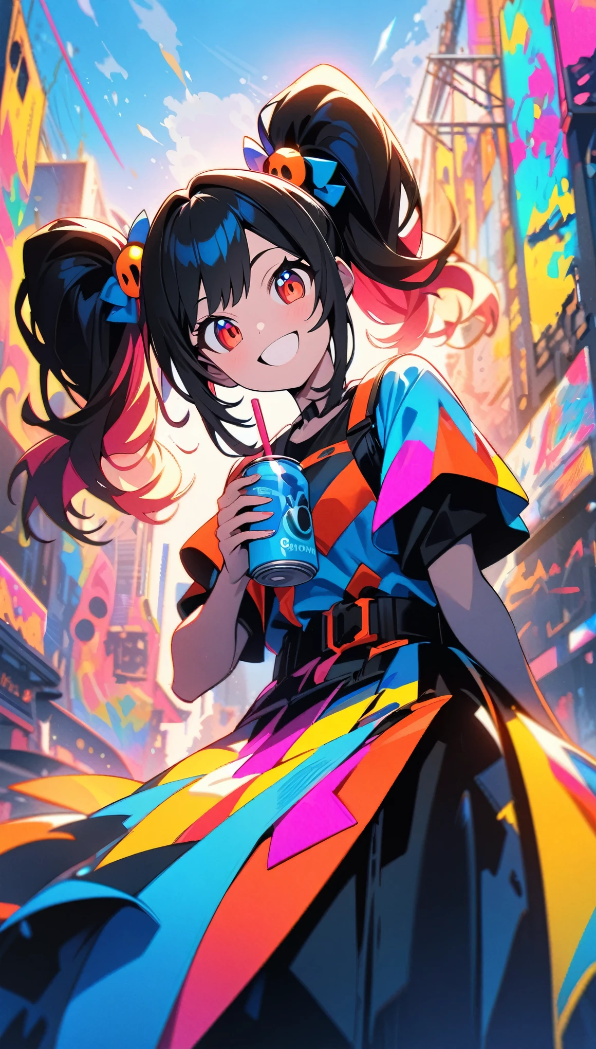 (highest quality:1.2, Very detailed, up to date, Vibrant, Ultra-high resolution, High Contrast, masterpiece:1.2, highest quality, Best aesthetics), (((1 girl))), Beautiful woman, (smile), Bright color palette, Colorful Art, Energy DrinksをDrink through a straw女の子:1.6, Energy Drinks, Pink can, Energy Drinks, Drink through a straw, Pinmon Girls, Black Hair, Twin tails, Girls&#39; , Red tie over shirt, Pink Cardigan, Pleated skirt, jk, In the school classroom, Landmine Girl, Monena,