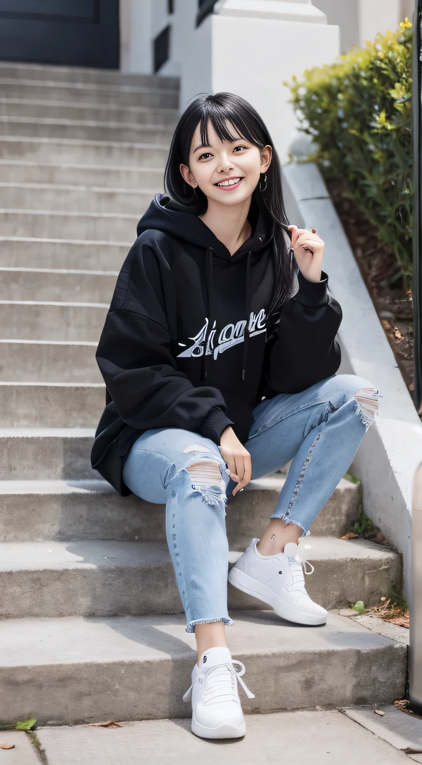 highest quality, Realistic, Very detailed, Finer details, High resolution, 8k wallpaper, One beautiful woman,Sit on the stairs、(Wear black socks)smile、(Beautiful teeth alignment、)(Gums are visible) Oversized hoodie, Skinny jeans,( Black sneakers)、Black Hair、 Beautiful Bangs、ear piercing、Perfect dynamic composition, Beautiful and detailed, Full Body Shot, A big smile