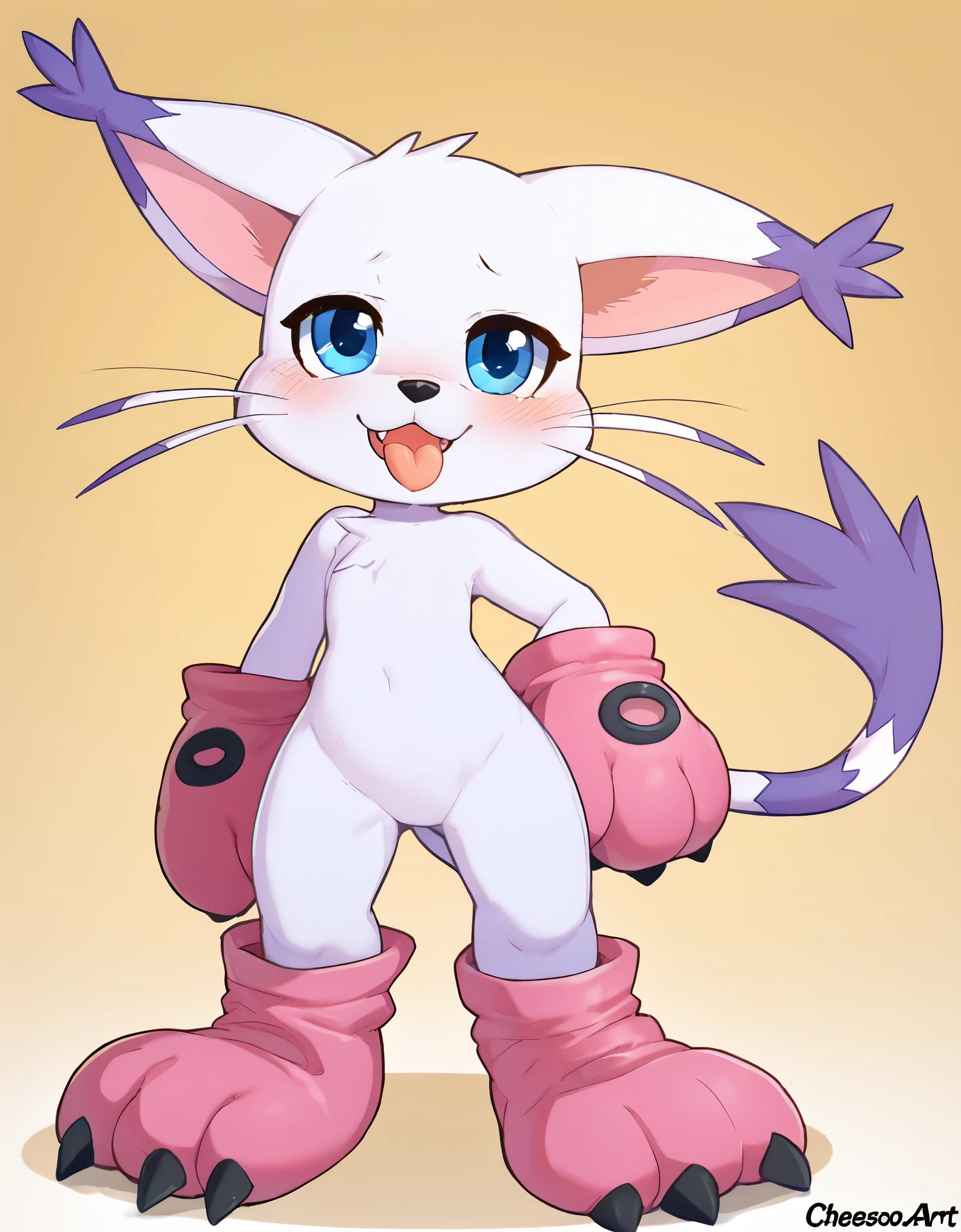 cheesoart, bandai_namco, digimon, digimon_(species), felid, feline, gatomon, mammal, 2024, absurd_res, full-length_portrait, hi_res, portrait, ambiguous_anthro, ambiguous_gender, black_nose, blue_eyes, blush, clothing, cute_fangs, dipstick_ears, ear_tuft, eyelid_pull, eyelid_pull_taunt, featureless_crotch, front_view, glistening, glistening_eyes, gloves, gloves_only, hand_on_hip, handwear, handwear_only, leaning, leaning_forward, looking_at_viewer, looking_up, markings, mostly_nude, multicolored_ears, paw_gloves, plantigrade, raised_tail, simple_background, solo, standing, striped_markings, striped_tail, stripes, tail, tail_markings, tail_tuft, tongue, tongue_out, tuft, whiskers, yellow_background