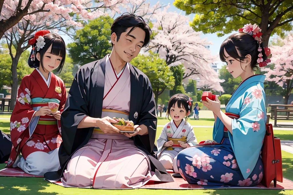 (masterpiece, best quality:1.1), popart style,flat color, (1family:father and mother and kids),wear kimono,enjoy picnic,japanese lunch box,sakura tree,outdoor,taisho era,dynamic angle,very happy,beautiful lighting, photographic portrait, sharp,Illustration by okama,