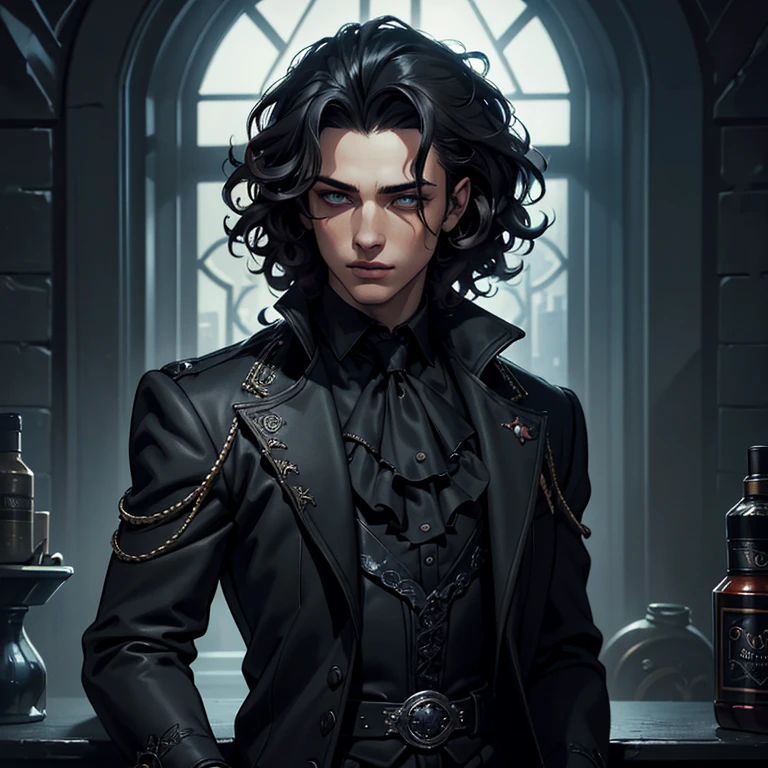 (best quality,4k,highres,masterpiece:1.2),digital art,illustration,young man,short wavy curly hair,gothic style,suit,dressingcoat,vivid colors,ultra-detailed,realistic:1.37,beautiful detailed eyes,detailed lips,expressive eyes,artistic background,dark atmosphere,moody lighting.
