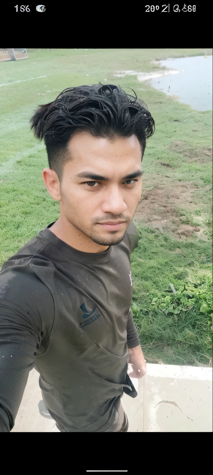 (((1man))),serious face of syahmi,malay, muscular, (brown eyes),sport clothes,(tight jersey), handsome, jock, dynamic, (sfw),(football player), (running on field with muddy),(dirty),(body sweat),(mud on cloth),wet sock,raining,stadium,(cloudy),(intricate details, Masterpiece, high quality, best quality, realistic), (musclebears:0.25), realistic,8K UHD, DLSR,Cinematic lighting,dynamic pose, accurate proportions, warm natural lighting, natural shadows,