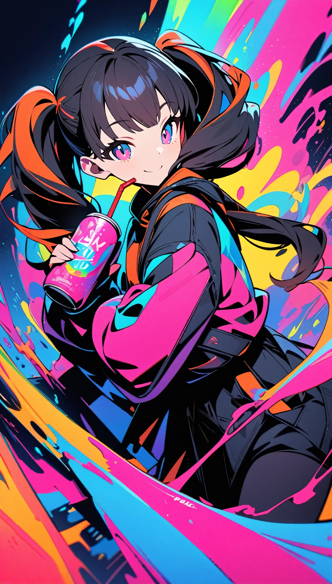 (highest quality:1.2, Very detailed, up to date, Vibrant, Ultra-high resolution, High Contrast, masterpiece:1.2, highest quality, Best aesthetics), (((1 girl))), Beautiful woman, (smile), Bright color palette, Colorful Art, Energy DrinksをDrink through a straw女の子:1.6, Energy Drinks, Pink can, Energy Drinks, Drink through a straw, Pinmon Girls, Black Hair, Twin tails, Girls' , Red tie over shirt, Pink Cardigan, Pleated skirt, jk, In the school classroom, Landmine Girl, Monena,