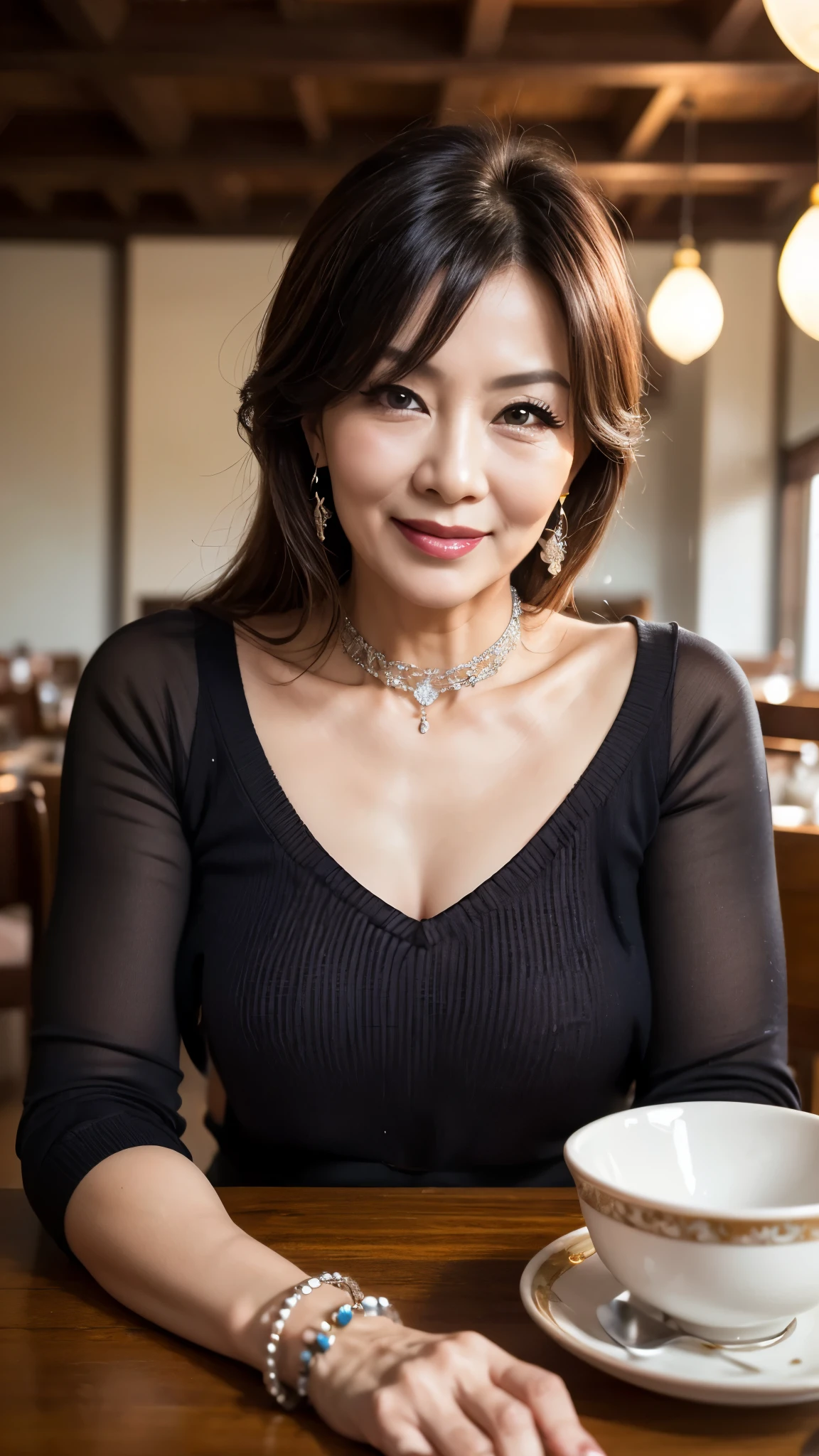 75 years old　Mom　MILF　Korean, Lady　large earring　Big choker　navel piercing decoration　A bracelet　Silver Hair　realisitic　Gorgeous Madame Beautiful Mature Woman　sexy　Smile　Gentle woman navel piercing　４K　High quality dining table　breakfast　Gorgeous Madame Beautiful Mature Woman