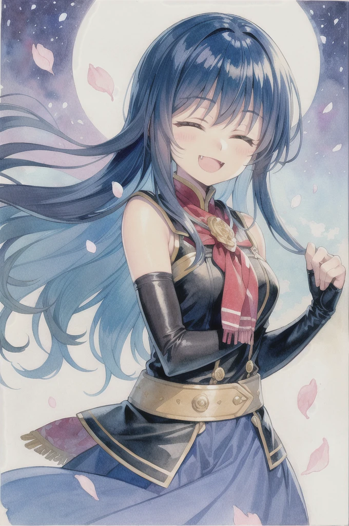 masterpiece, best quality, watercolor (medium), traditional media, blue hair, solo, 1girl, closed eyes, flower, smile, bandana, gloves, fingerless gloves, open mouth, blush, cherry blossoms, happy, petals, long hair, bare shoulders, ^_^, white background, fang, simple background