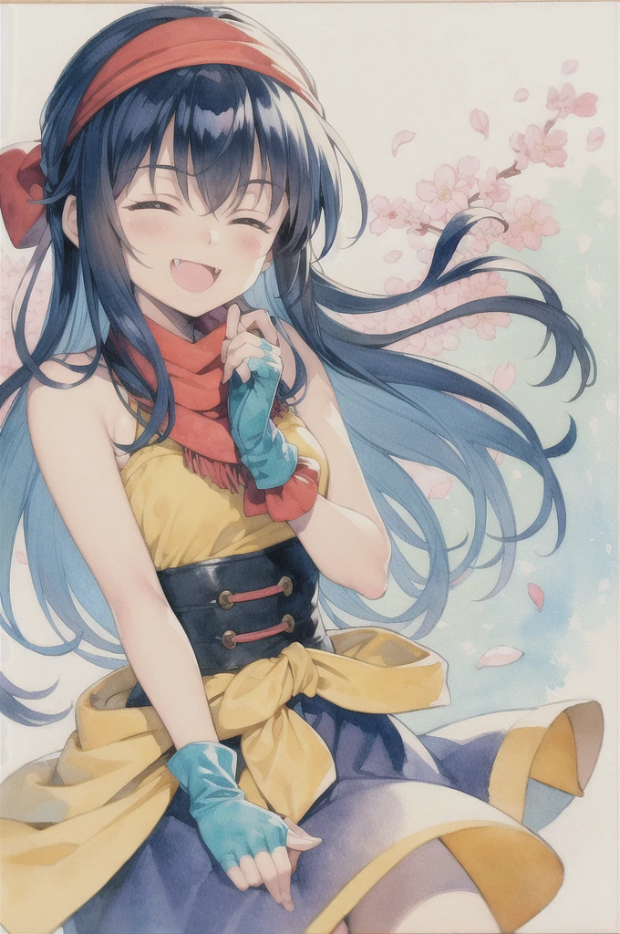 masterpiece, best quality, watercolor (medium), traditional media, blue hair, solo, 1girl, closed eyes, flower, smile, bandana, gloves, fingerless gloves, open mouth, blush, cherry blossoms, happy, petals, long hair, bare shoulders, ^_^, white background, fang, simple background