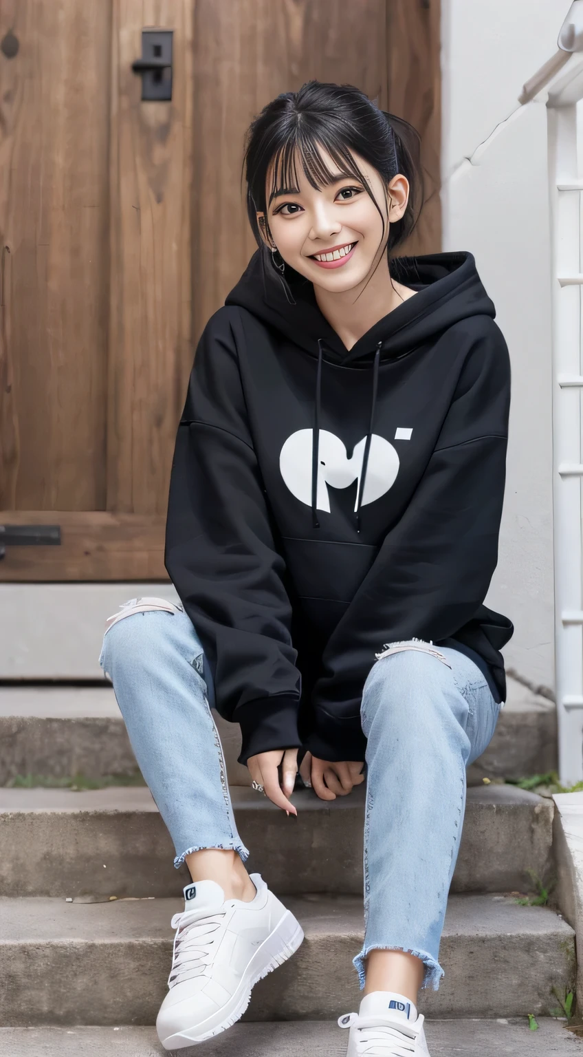 highest quality, Realistic, Very detailed, Finer details, High resolution, 8k wallpaper, One beautiful woman,Sit on the stairs、(Wear black socks)smile、(Beautiful teeth alignment、)(Gums are visible) Oversized hoodie, Skinny jeans,( Black sneakers)、Black Hair、 Beautiful Bangs、ear piercing、Perfect dynamic composition, Beautiful and detailed, Full Body Shot, A big smile