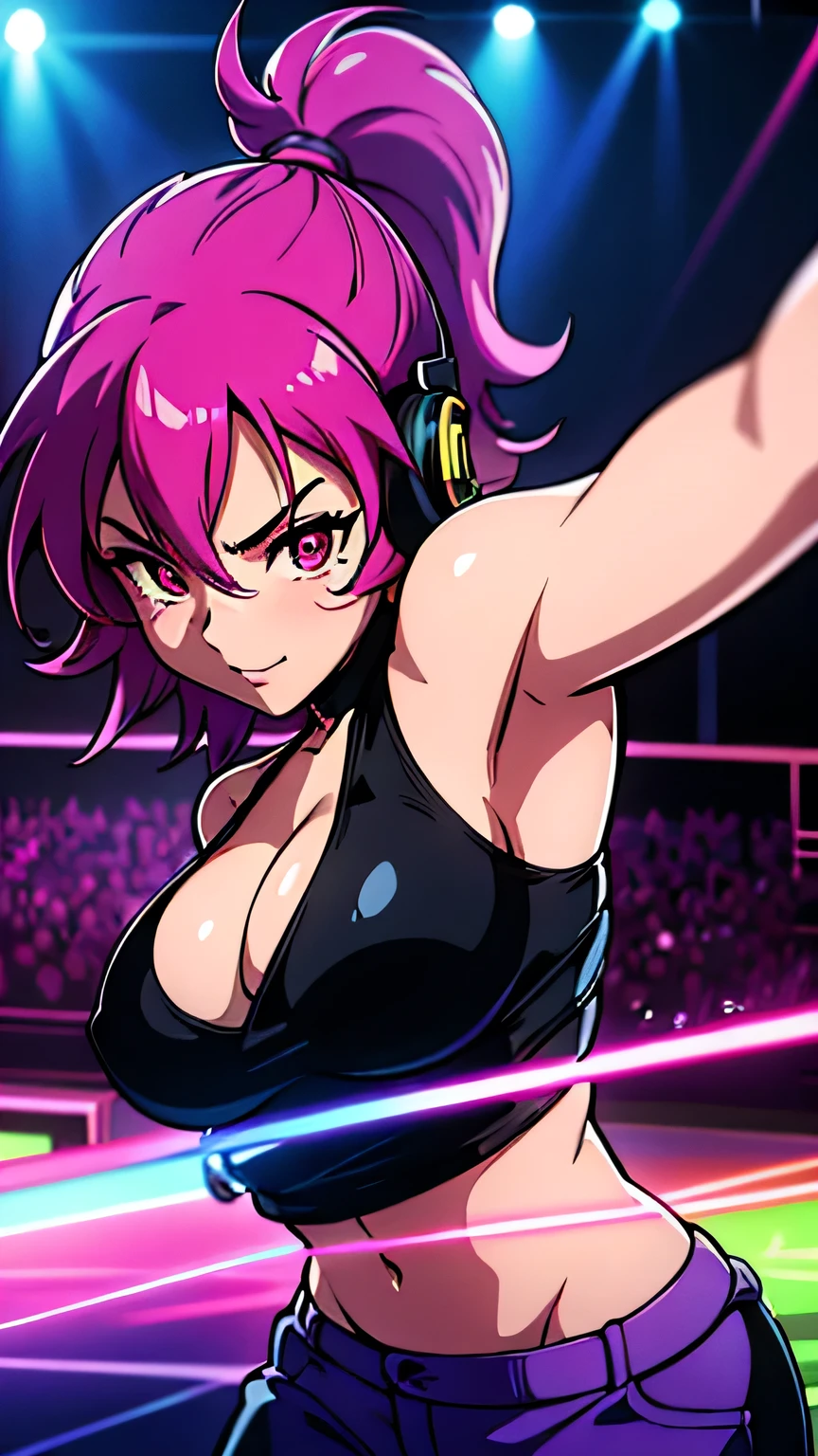 upper body, female ninja,Large breasts, colorful clothes , quirky, vibrant appearance, playful accessories, creative behavior, imaginative, sensual, spontaneous, DJ headphones, mixing console, music club, night club, indie theaters, people dancing on the dance floor background, underground dance club, highest quality, skin texture, intricate details, (cinematic lighting), RAW photo, 8k ,high definition detail,Retro anime,1990s anime,