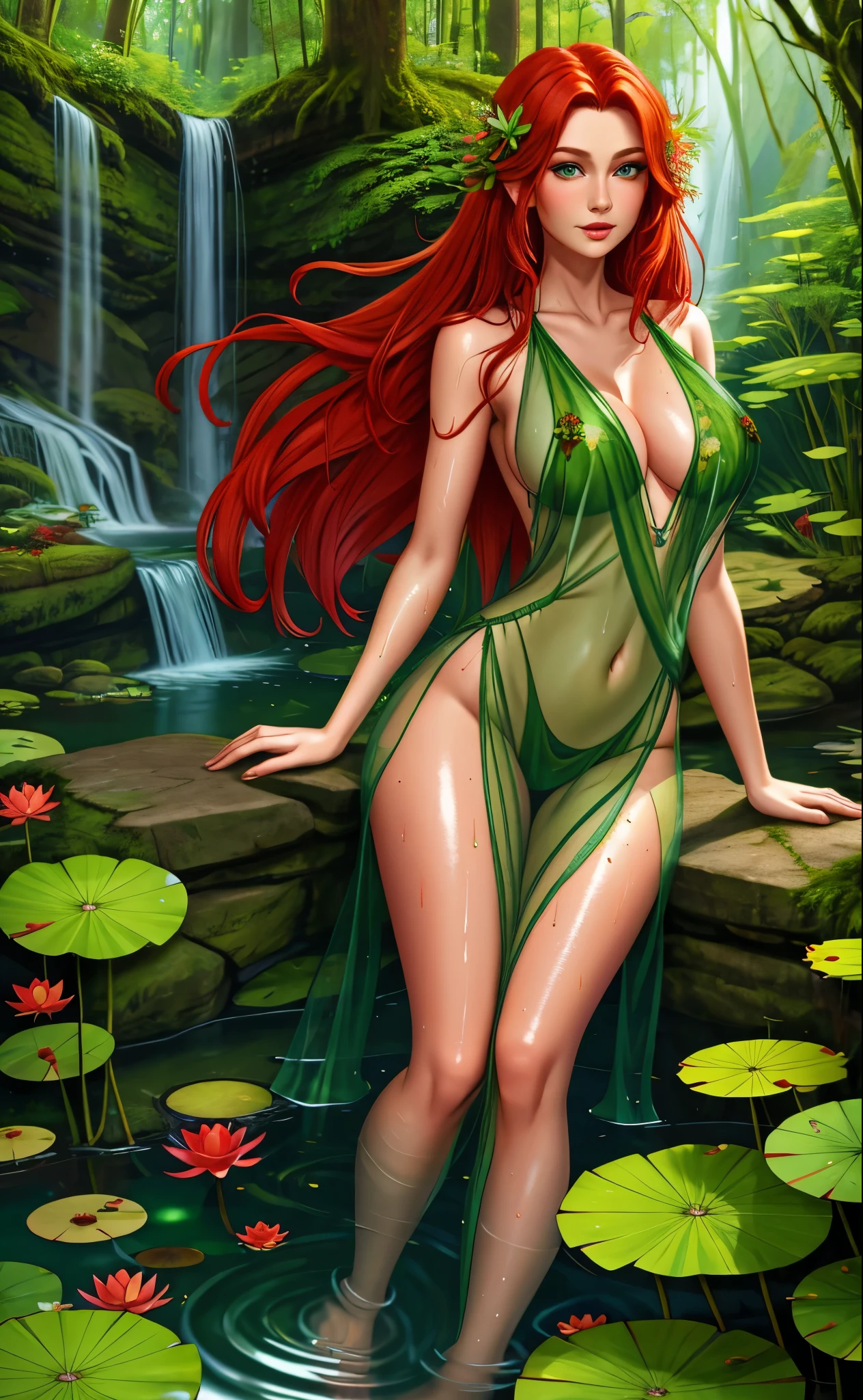 gorgeous red haired druid, green see through dress, leg-slit, deep v-neck, deep forest, wet and wild, waterfall, lily pads, lotus flowers