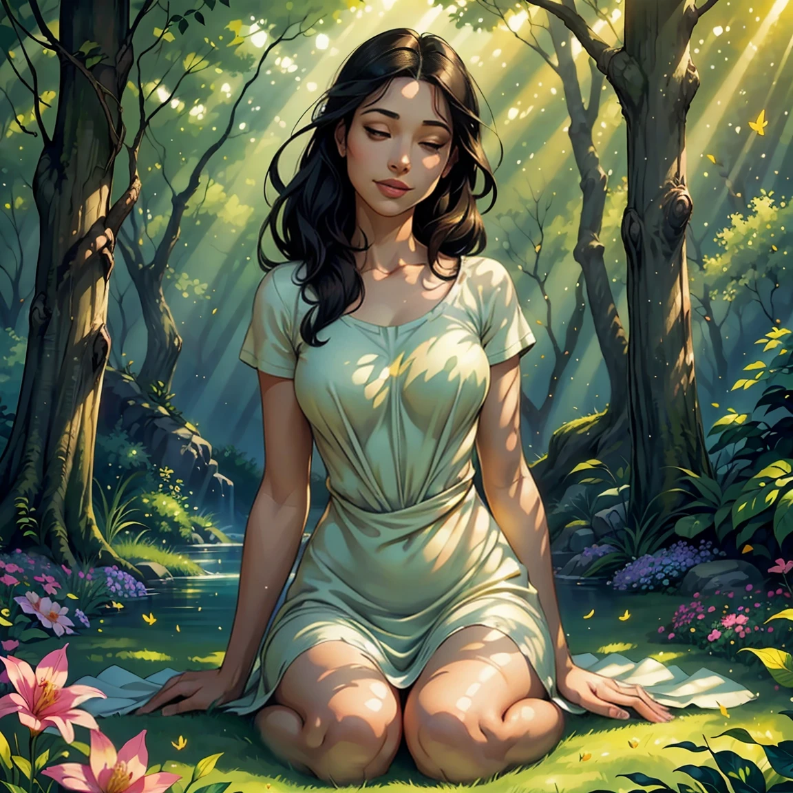 (best quality,realistic,1girl),40 years old,very detailed eyes,very detailed lips,black hair,short,t-shirt,cozy ambience,soft lighting,tranquil ambiance,full body,pleasant garden,butterflies,floating flowers,peaceful atmosphere,lush greenery,serene moment,delicate features,subtle smile,sparrows chirping,relaxed pose,gentle breeze,harmonious colors,natural beauty,dewdrops on leaves,calm expression,serenity and tranquility,sun-kissed glow,whisper of leaves,rays of sunlight filtering through trees,sun-dappled shade,harmony with nature,contemplative mood,sublime tranquility