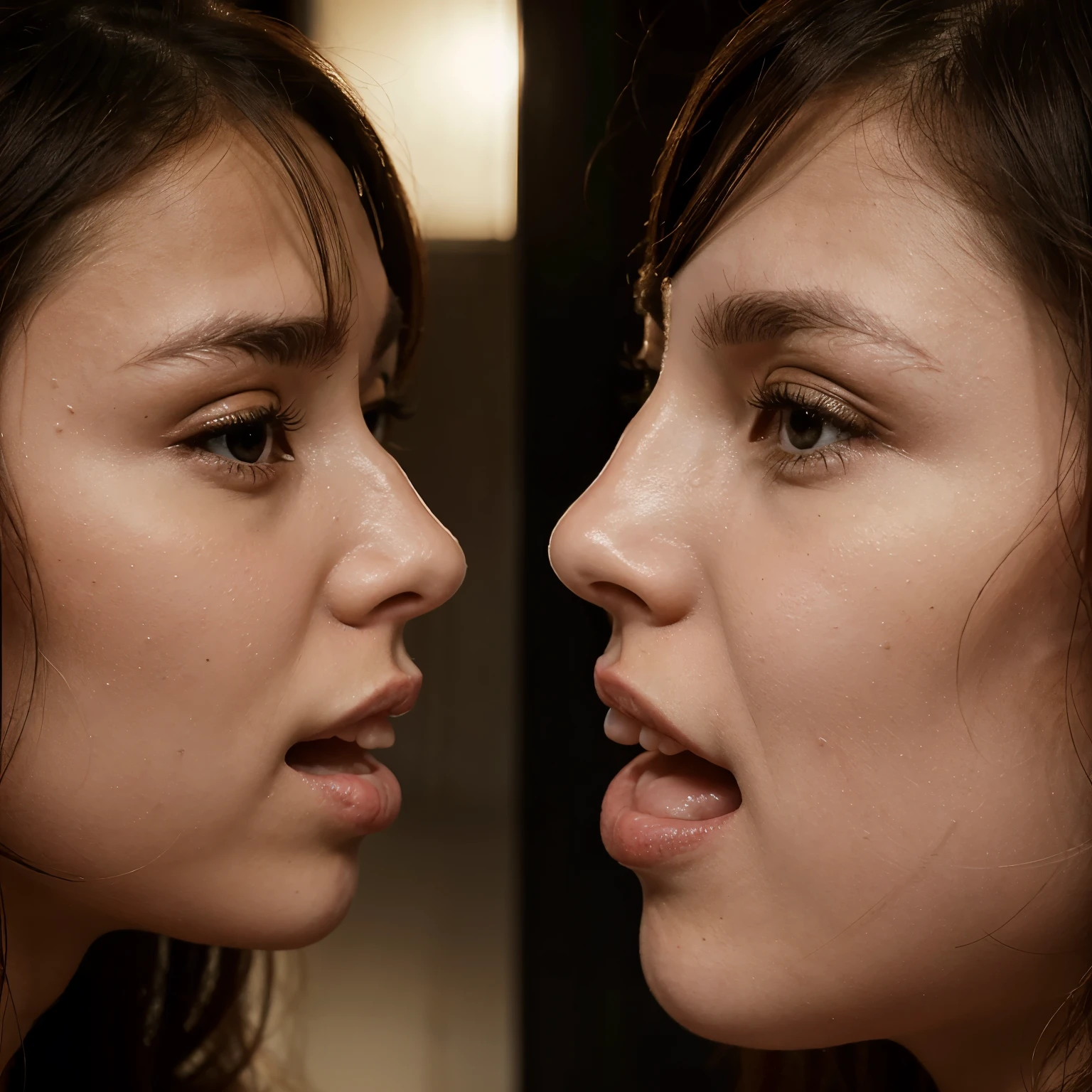 Two girls side by side infront of each other as their  touch while they look at each other with anger