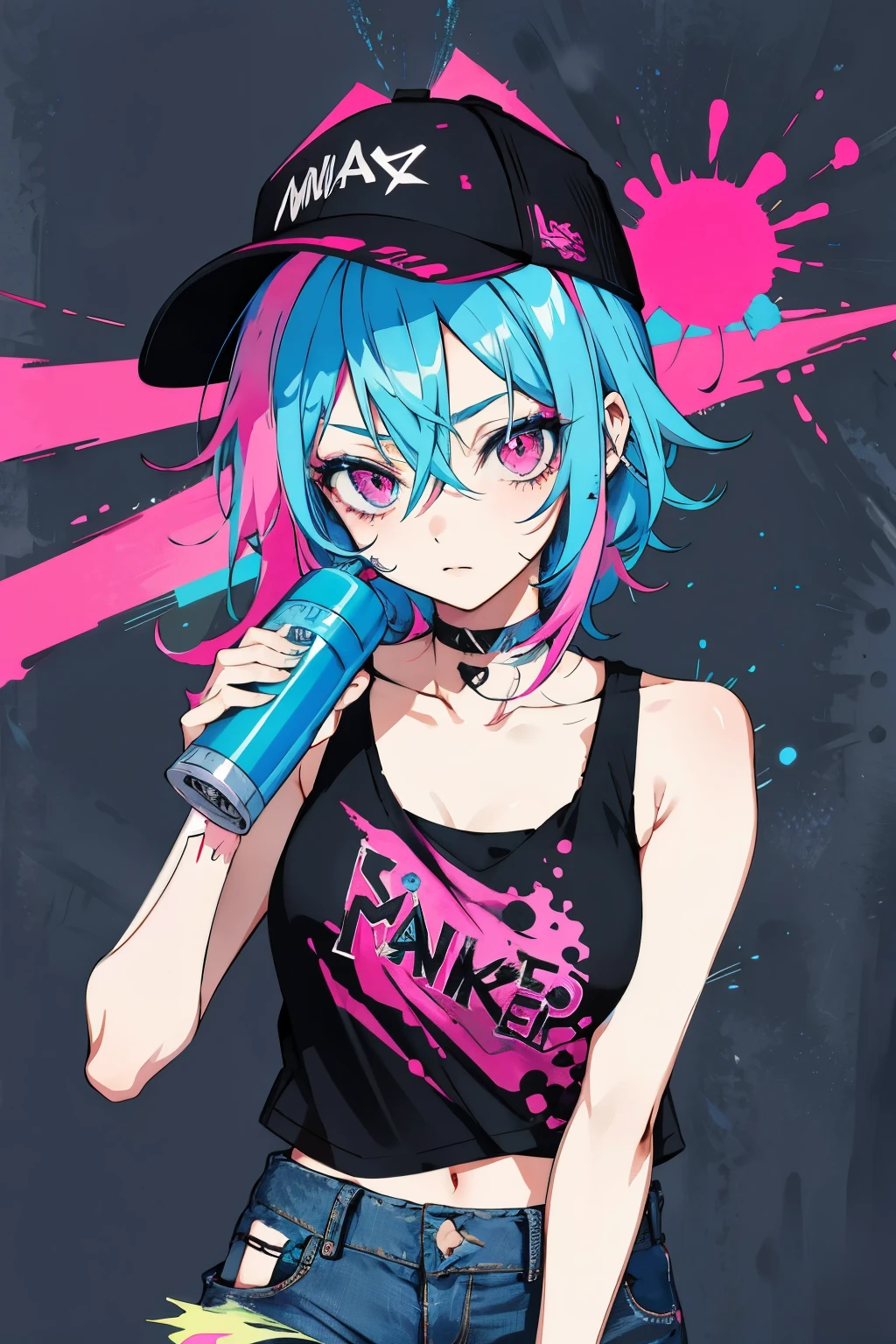 (Slim anime girl with hat) Thin face, Holding a spray can, Pink Eyes, Blue messy hair, Beautiful Eyes, Beautiful Hair, Neon pink and blue street background, (Black tank top, Distressed jeans) 