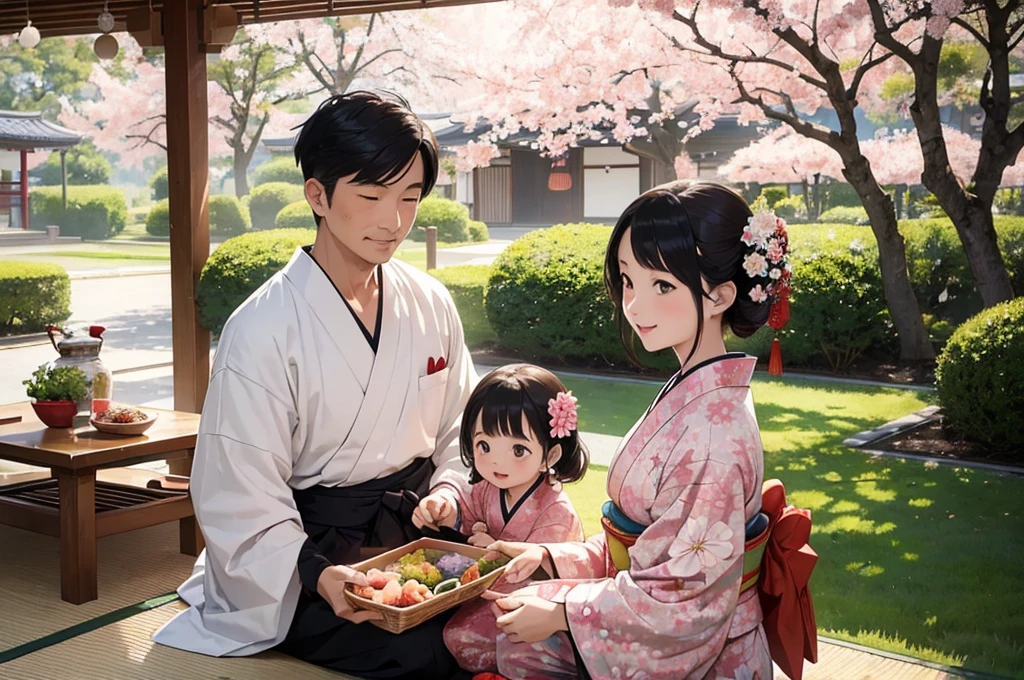 (masterpiece, best quality:1.1), popart,flat color, (1family:father and mother and kids),wear kimono,enjoy picnic,japanese lunch box,sakura tree,outdoor,taisho era,ukiyo-e style,dynamic angle,very happy,beautiful lighting, photographic portrait, sharp,Illustration by okama,